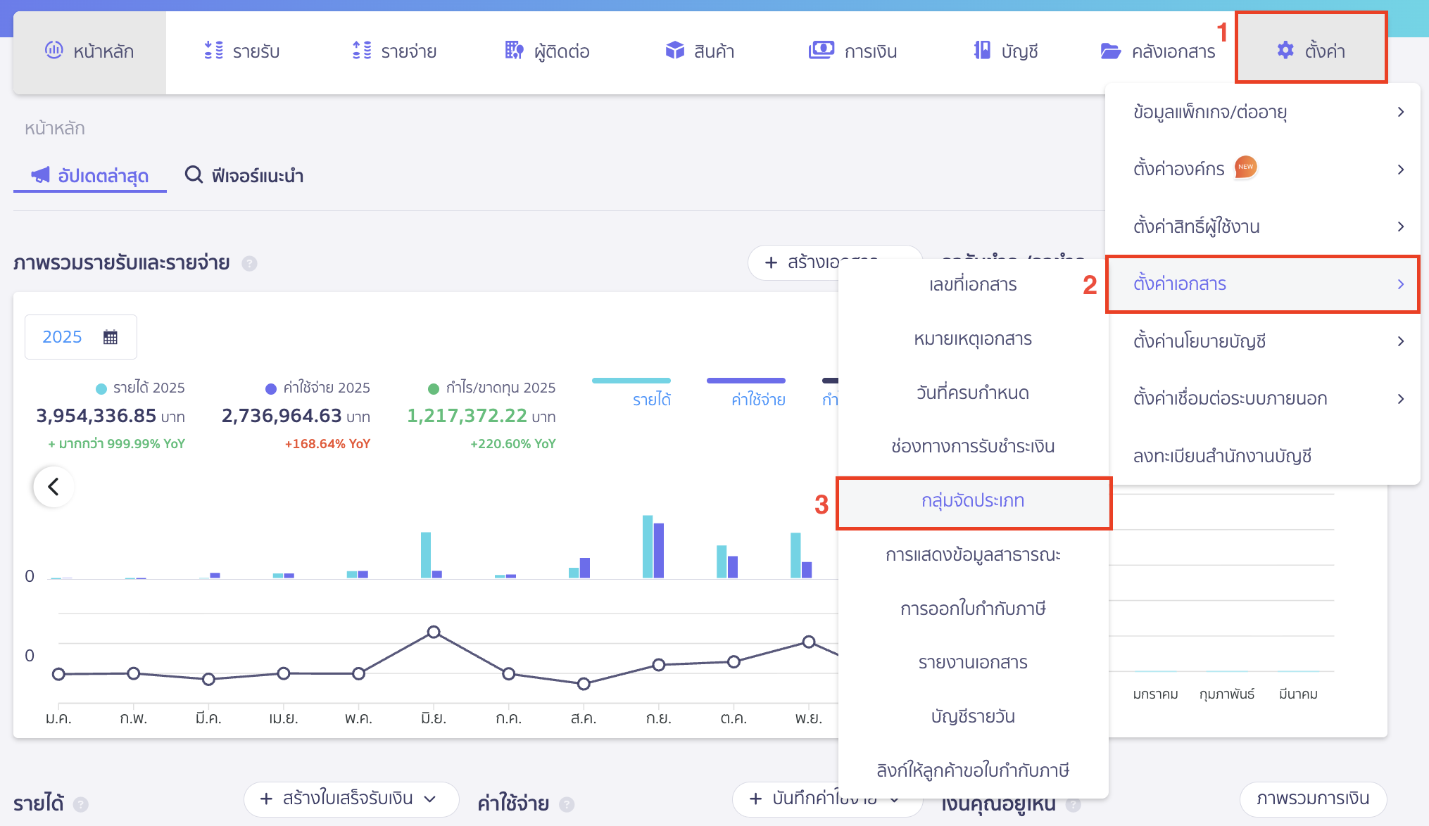 แก้ไขรายงานตามกลุ่มจัดประเภท ไปที่เมนูตั้งค่า > ตั้งค่าเอกสาร > กลุ่มจัดประเภท