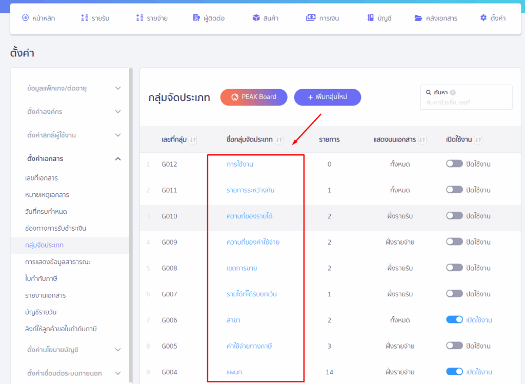 เลือกชื่อกลุ่มจัดประเภทที่ต้องการแก้ไข ใน PEAK