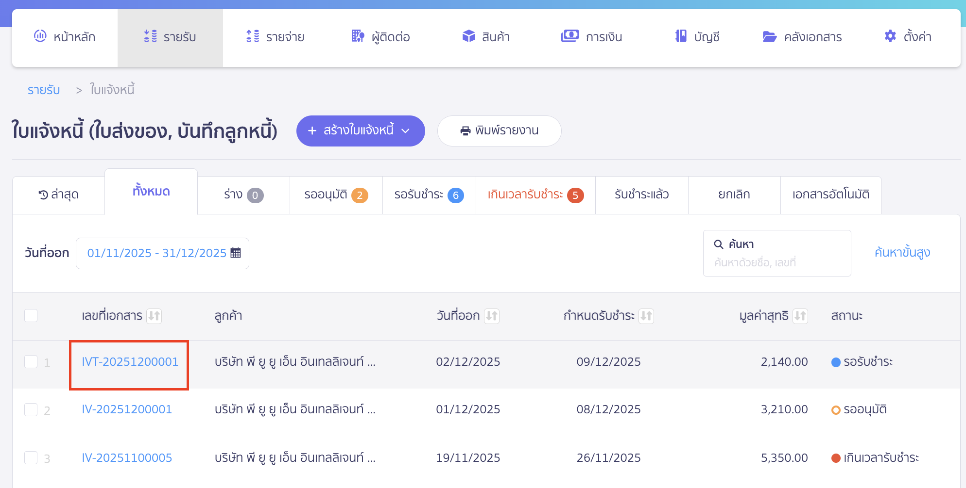 คลิก "เลขที่เอกสาร" ที่ต้องการ (ตามตัวอย่าง เป็นการแก้ไขเอกสารใบแจ้งหนี้)