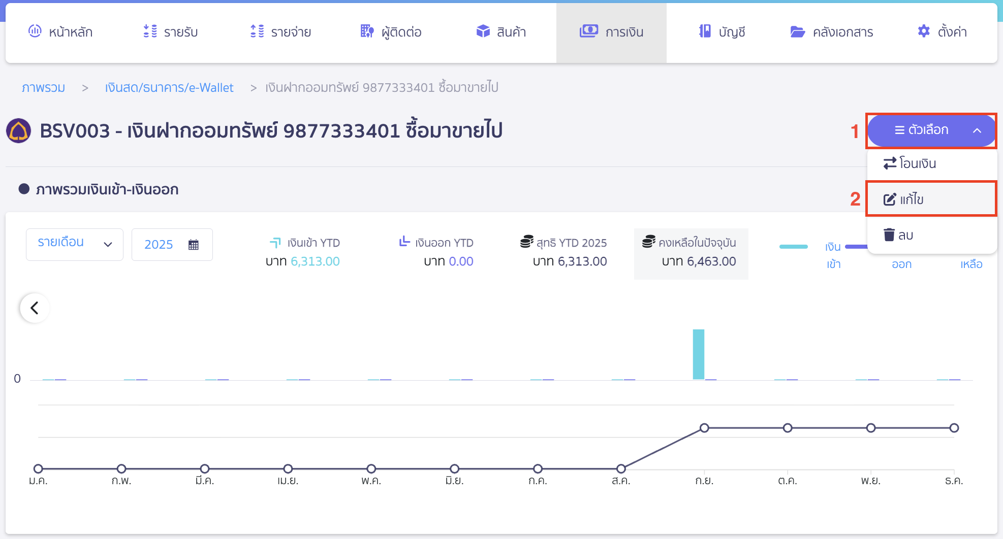 แก้ไขช่องทางการเงิน ไปที่ปุ่ม "ตัวเลือก" > เลือก แก้ไข