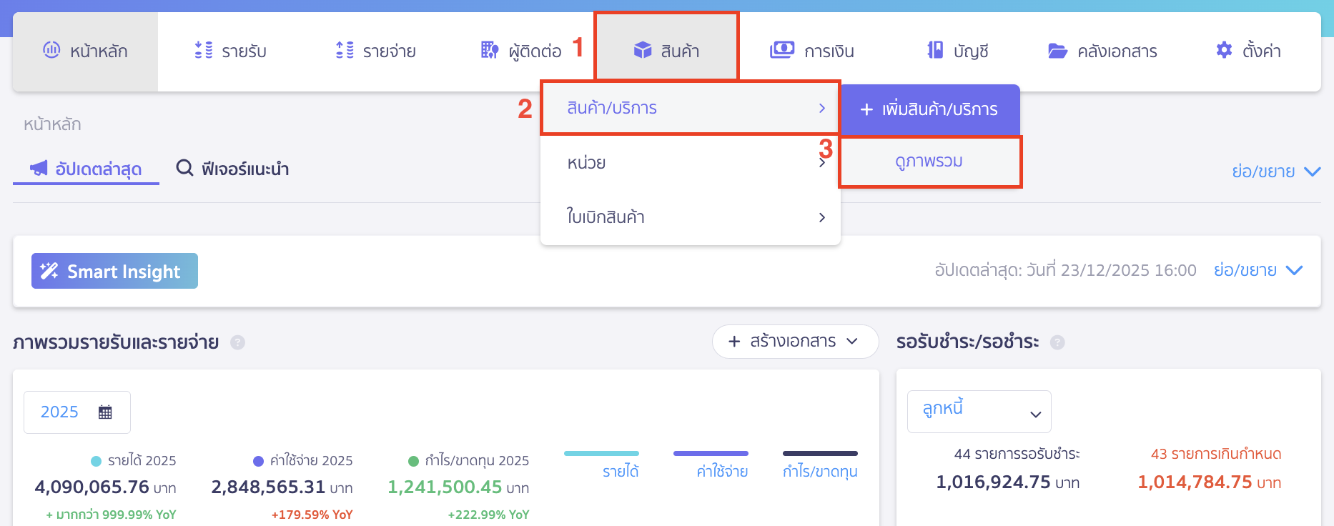 แก้ไขข้อมูลสินค้า บริการ ไปที่เมนูสินค้า > สินค้า/บริการ > ดูภาพรวม