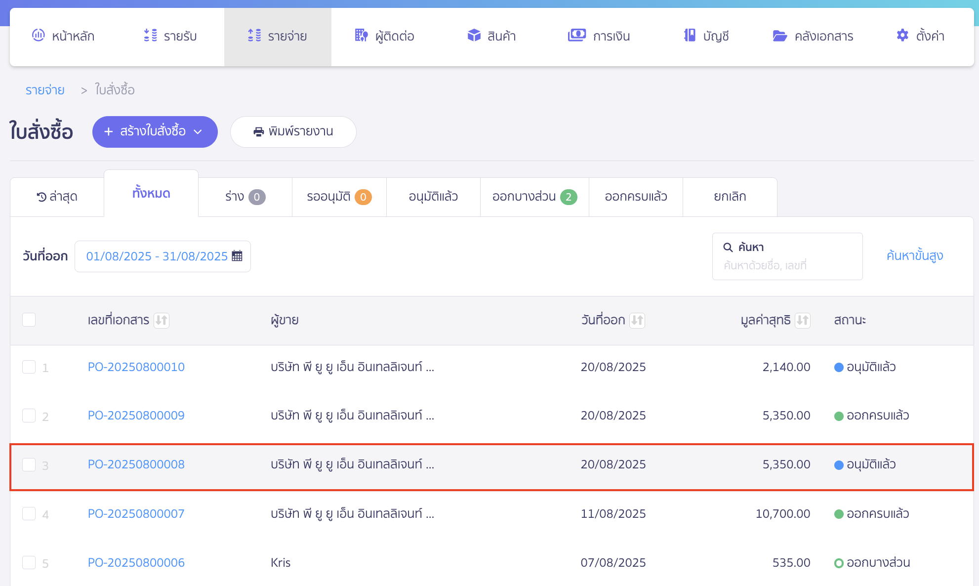 แก้ไขใบสั่งซื้อ เลือกเอกสารที่ต้องการแก้ไข