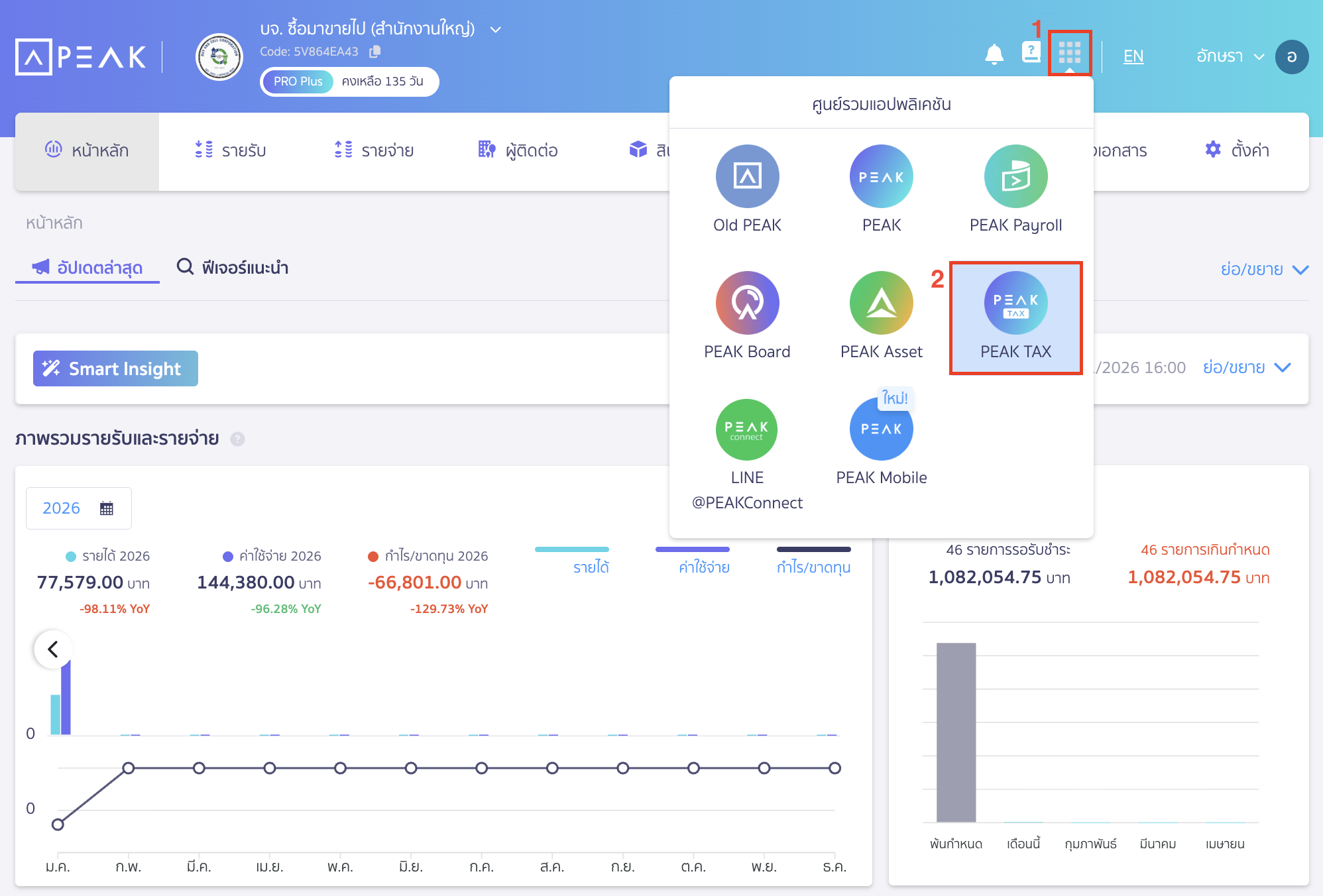 การเข้า PEAK Tax ไปที่ศูนย์รวมแอปพลิเคชัน > เลือก PEAK Tax