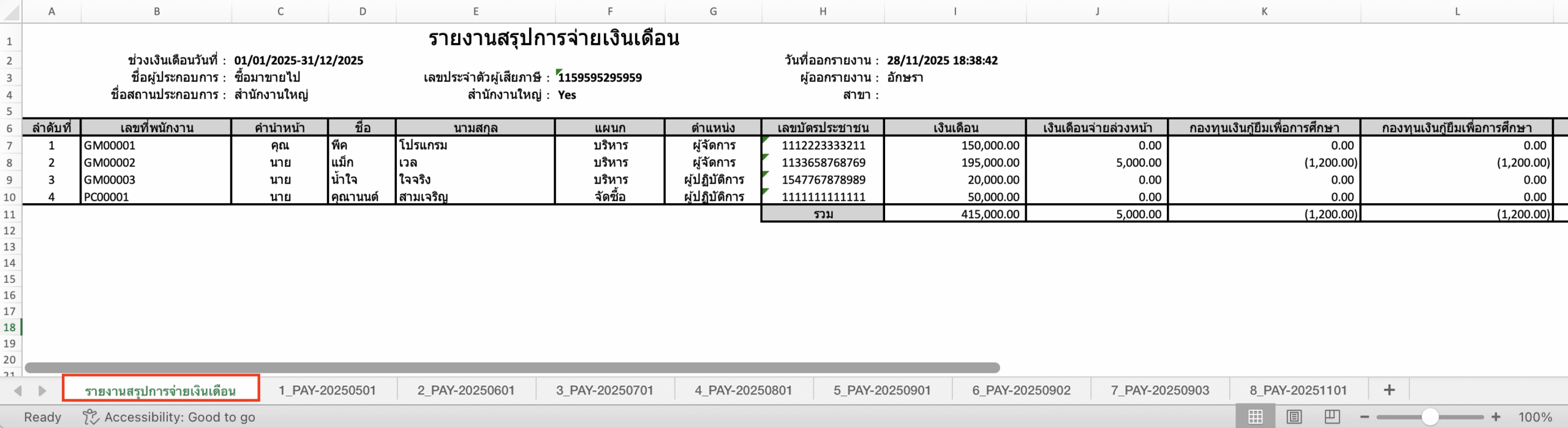 export-excel-file-pnd1a-peak-payroll-4 ตัวอย่างไฟล์ Excel เงินเดือน ที่แสดงสรุปการจ่ายเงินเดือนในรูปแบบภาพรวม