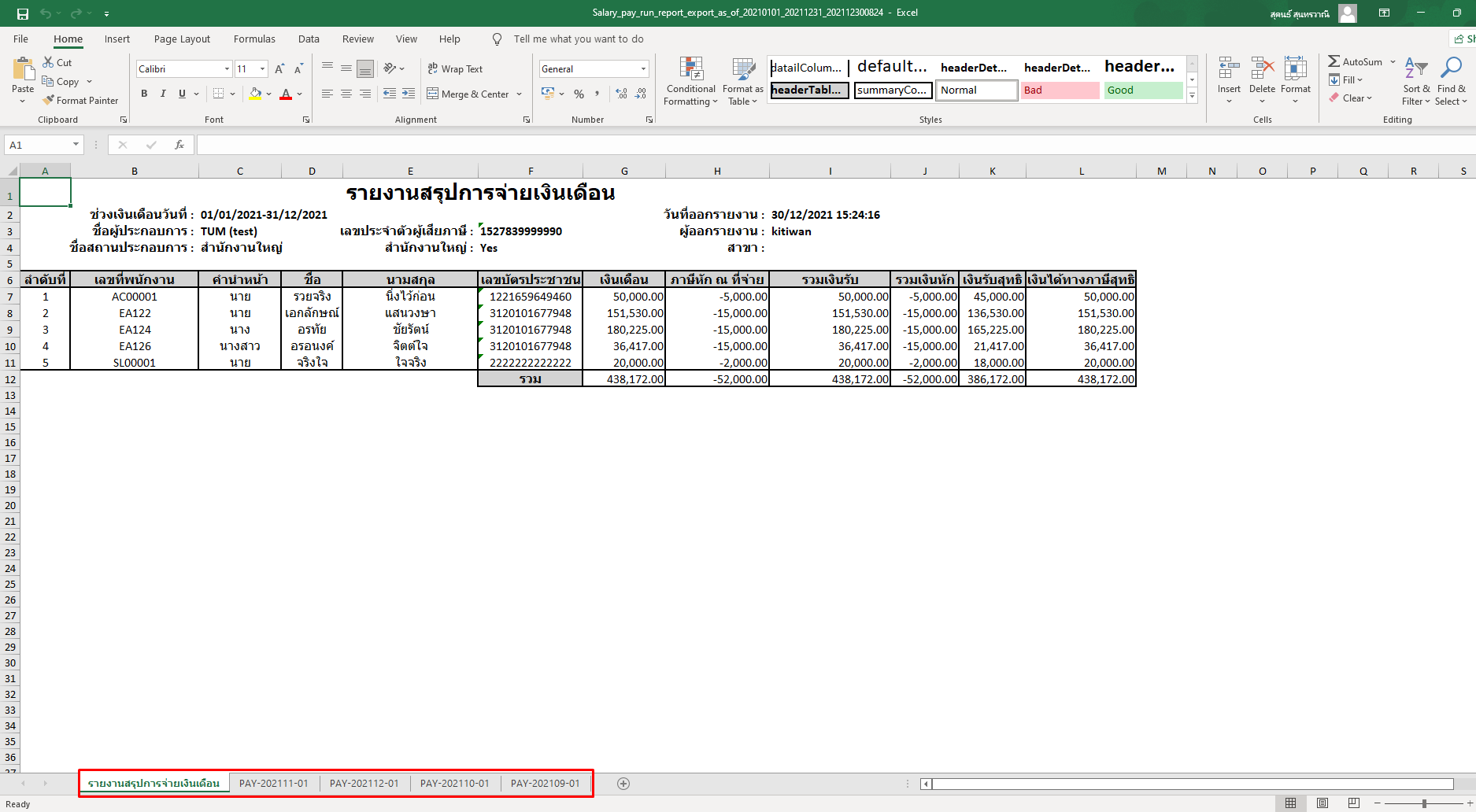 ส่งออกไฟล์ Excel เงินเดือน ตัวอย่างไฟล์ Excel เงินเดือน ที่แสดงสรุปการจ่ายเงินเดือนในรูปแบบภาพรวม ใน PEAK Payroll