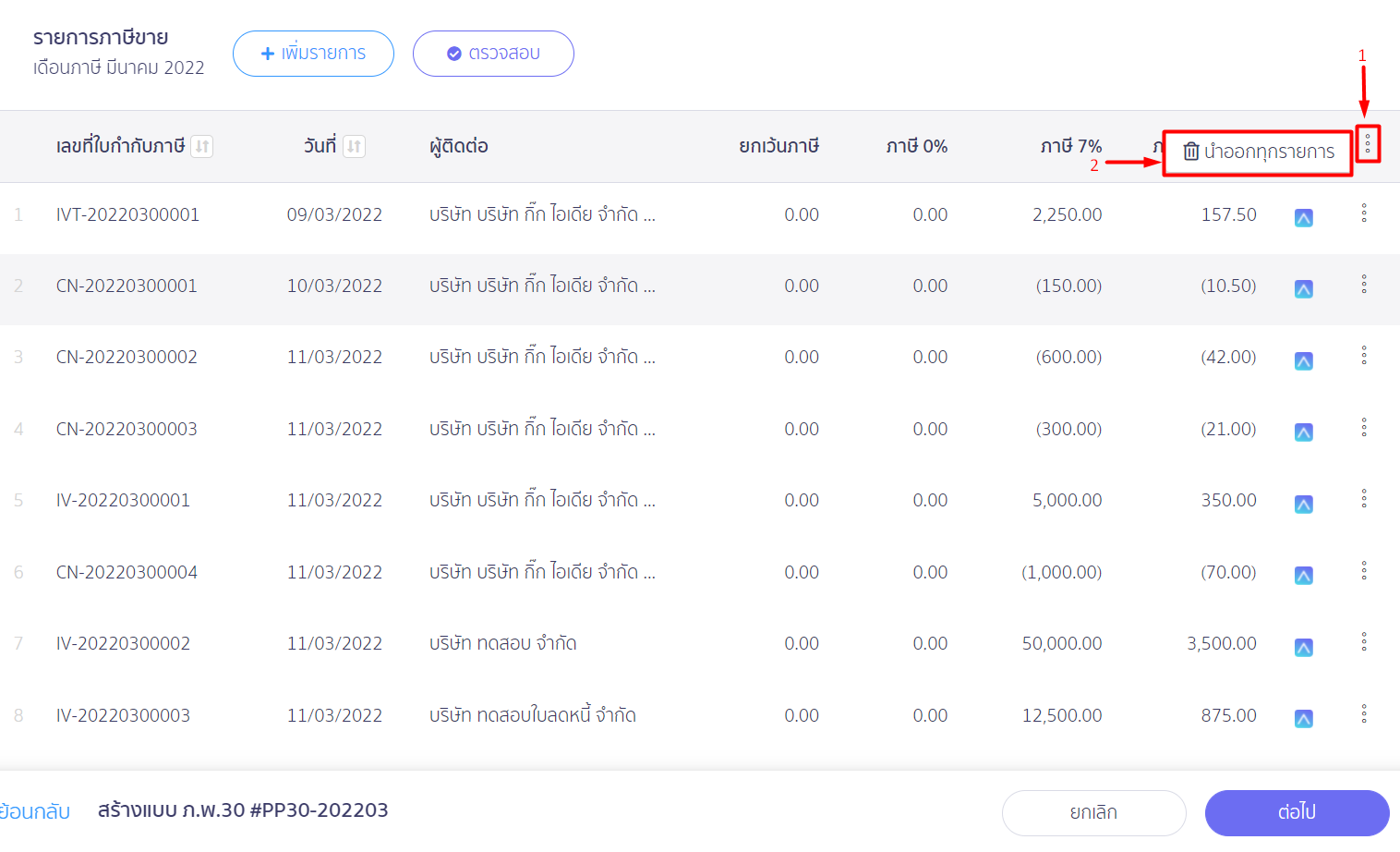 กดที่รูปจุด 3 จุดที่ด้านบนตามตัวอย่างด้านล่างหน้าหน้าเมนูการสร้างแบบภ.พ. 30 เลือก "นำออกทุกรายการ" ใน PEAK Tax