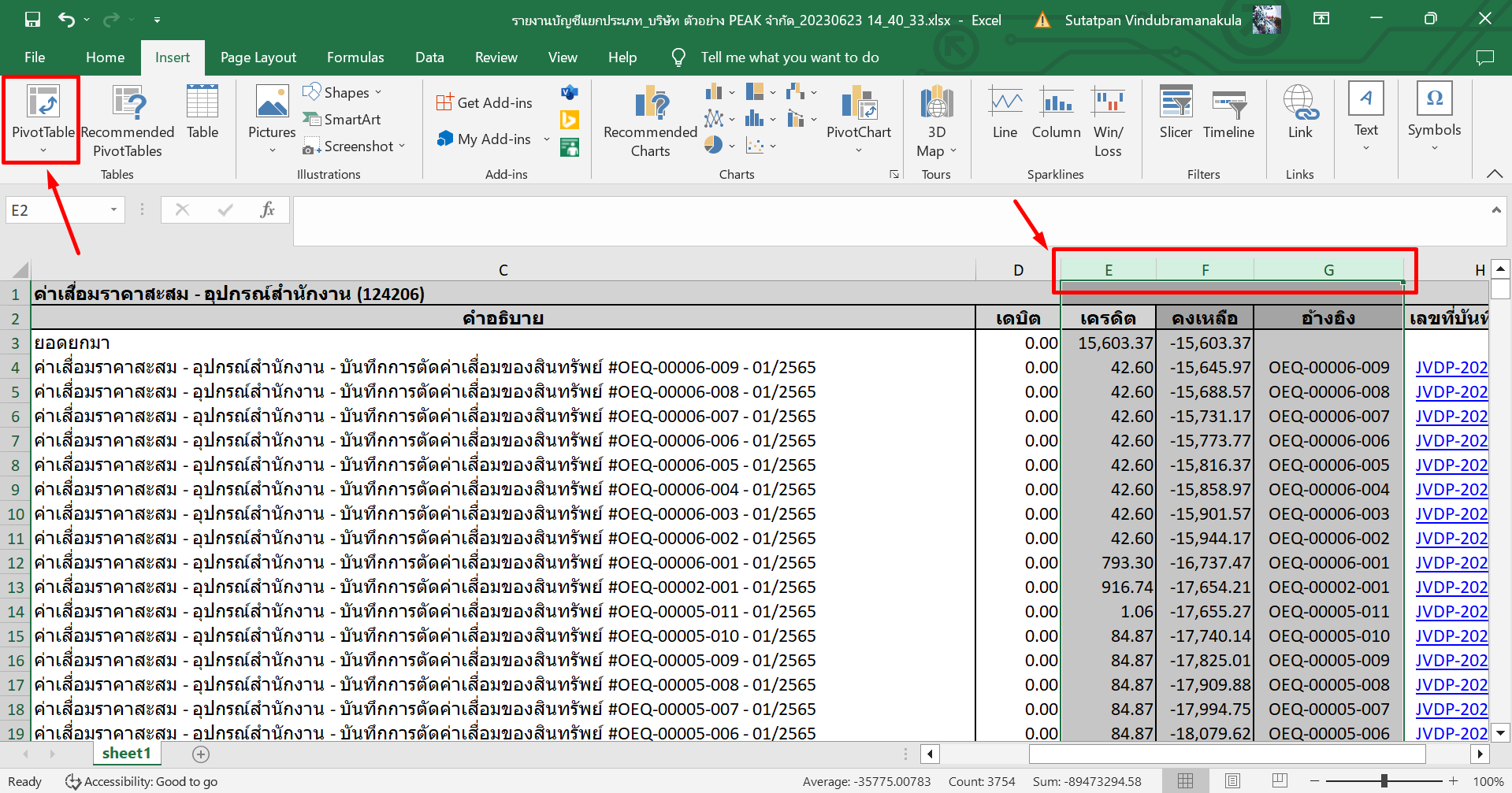 เลือกคอลัมน์ E ถึงคอลัมน์ G จากนั้นไปที่ Insert > PivotTable ใน Excel