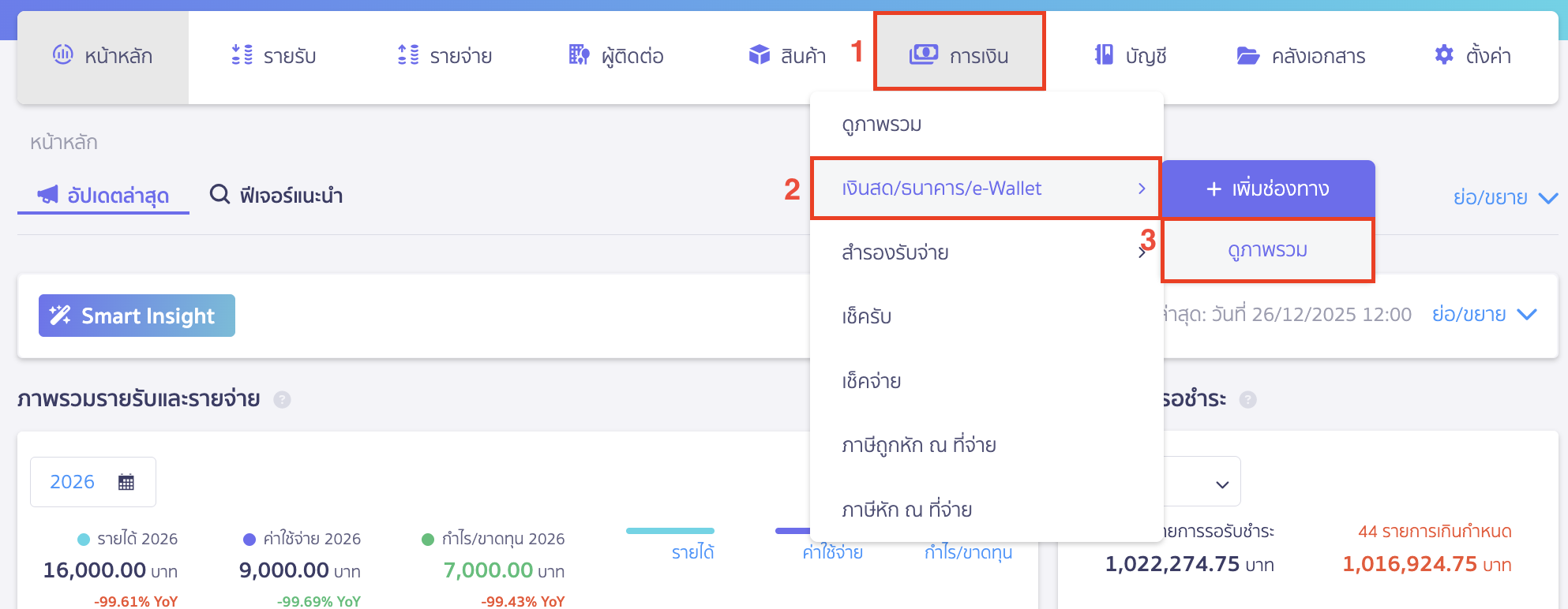 แก้ไข/ยกเลิก กระทบยอดธนาคาร ไปที่เมนูการเงิน > เงินสด/ธนาคาร/e-Wallet > ดูภาพรวม