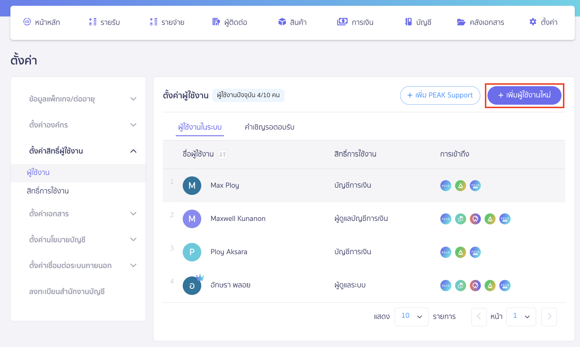 เพิ่มสิทธิ์ผู้ใช้งาน PEAK Payroll คลิกปุ่ม "เพิ่มผู้ใช้งานใหม่"