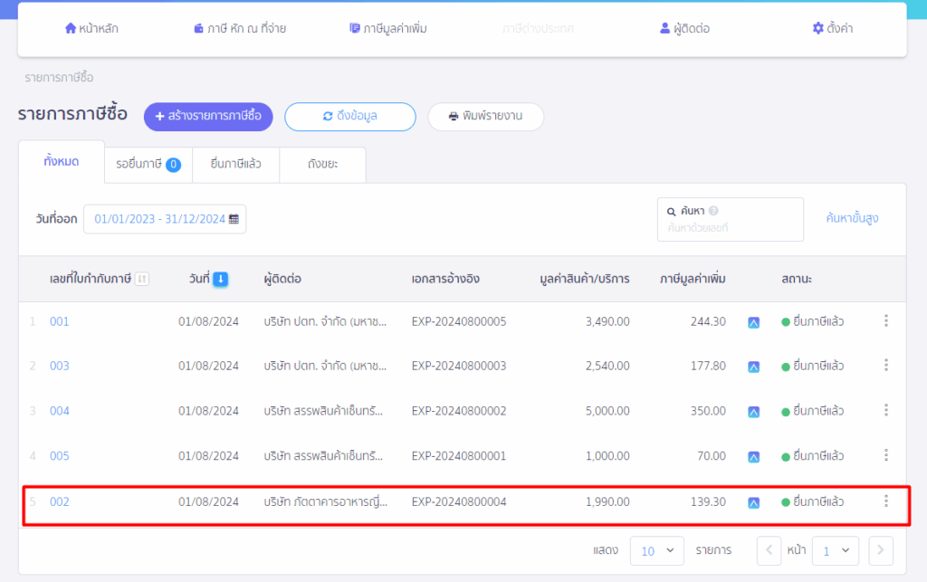 ยื่นแบบ ภ.พ.30 แจ้งภาษีซื้อเกิน เอกสาร EXP-20240800004 เป็นค่าอาหารที่ใช้รับรอง แต่ได้มีการนำไปยื่นแบบด้วย