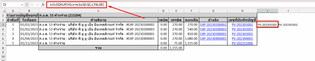 ตรวจสอบภาษี กรณีไม่ตรงกับงบทดลอง แทรกคอลัมน์สำหรับใช้สูตร 1 คอลัมน์ ที่คอลัมน์ I > จากนั้นใส่สูตร