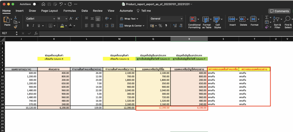 กระทบยอด/ตรวจสอบรายงานสินค้าคงเหลือ กับงบทดลอง หาก Column S และ Column T ได้ผลลัพธ์ของสูตรเป็น "ตรงกัน" ทั้งหมด
