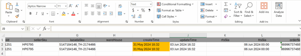 ตรวจสอบนำเข้าไฟล์ Shopee/Lazada/TikTok Shop ไม่สำเร็จ Lazada วันที่ซื้อสินค้า