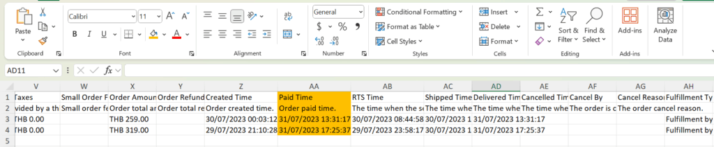 ตรวจสอบนำเข้าไฟล์ Shopee/Lazada/TikTok Shop ไม่สำเร็จ TikTok Shop วันที่ชำระเงิน