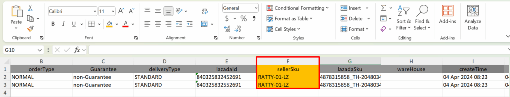 เลขที่ SKU Lazada ในสินค้า PEAK ต้องตรงกับ เลข sellerSku ในไฟล์นำเข้า Lazada