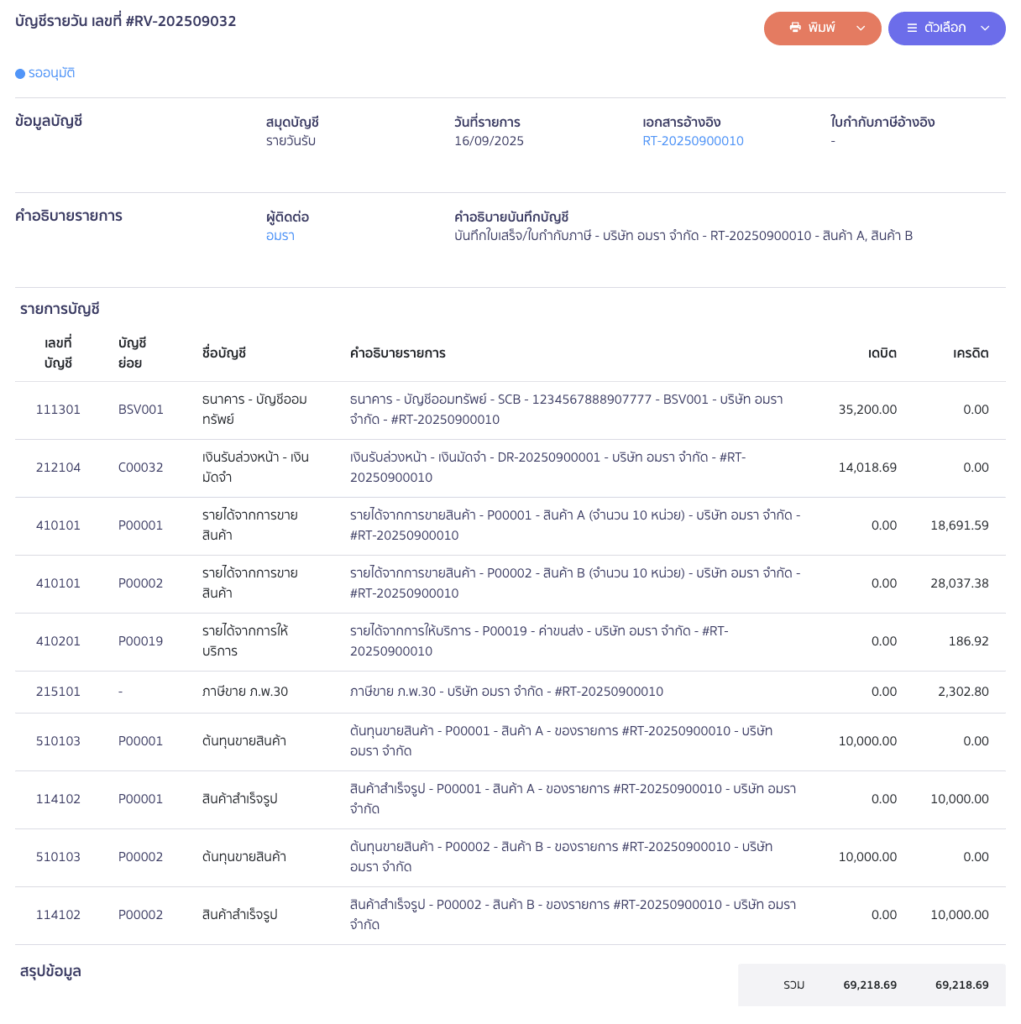 ตัวอย่างการลงบันทึกบัญชี