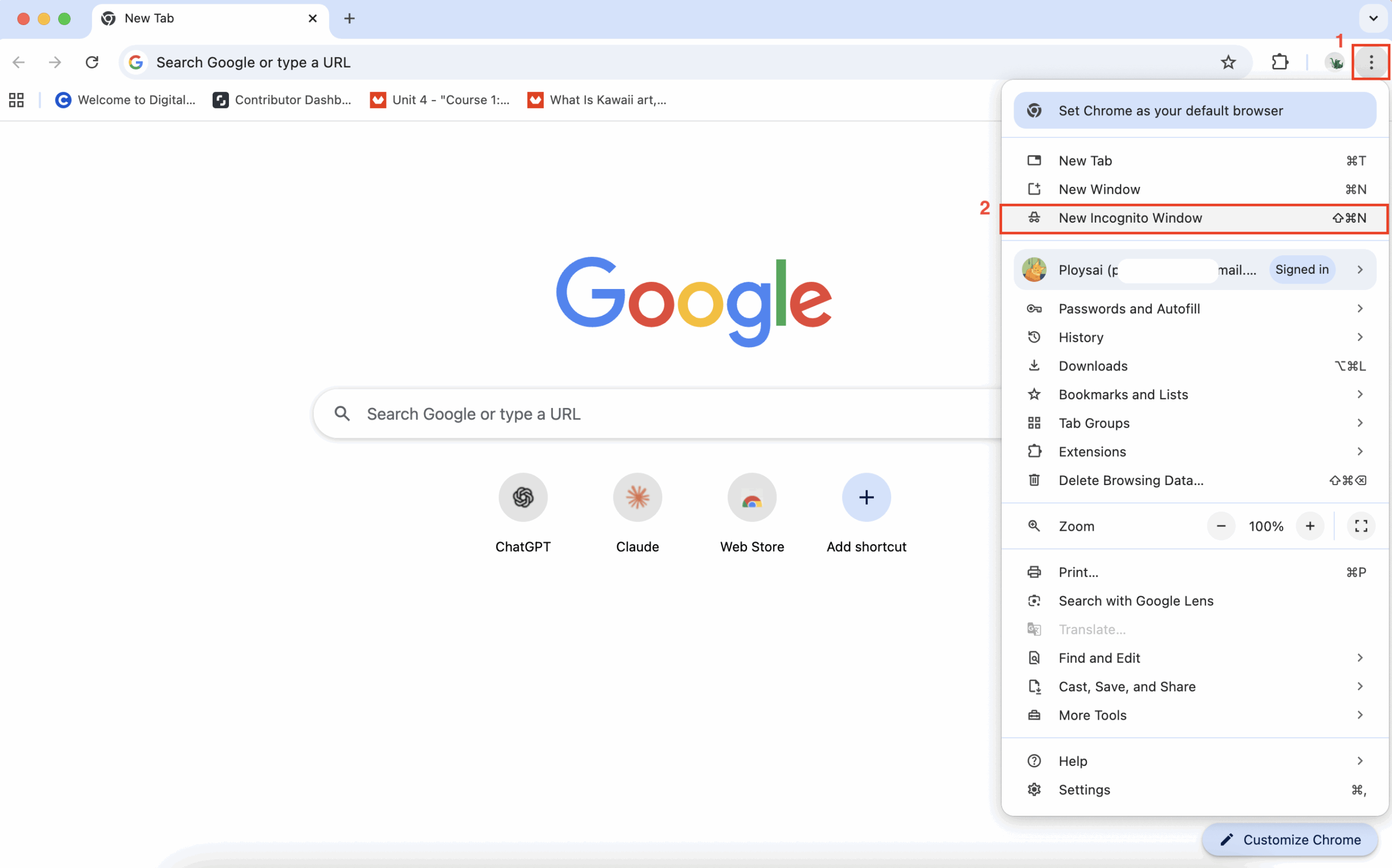 แก้ไขเข้าสู่ระบบ เลือกหน้าต่างใหม่ที่ไม่ระบุตัวตน (New Incognito Window)