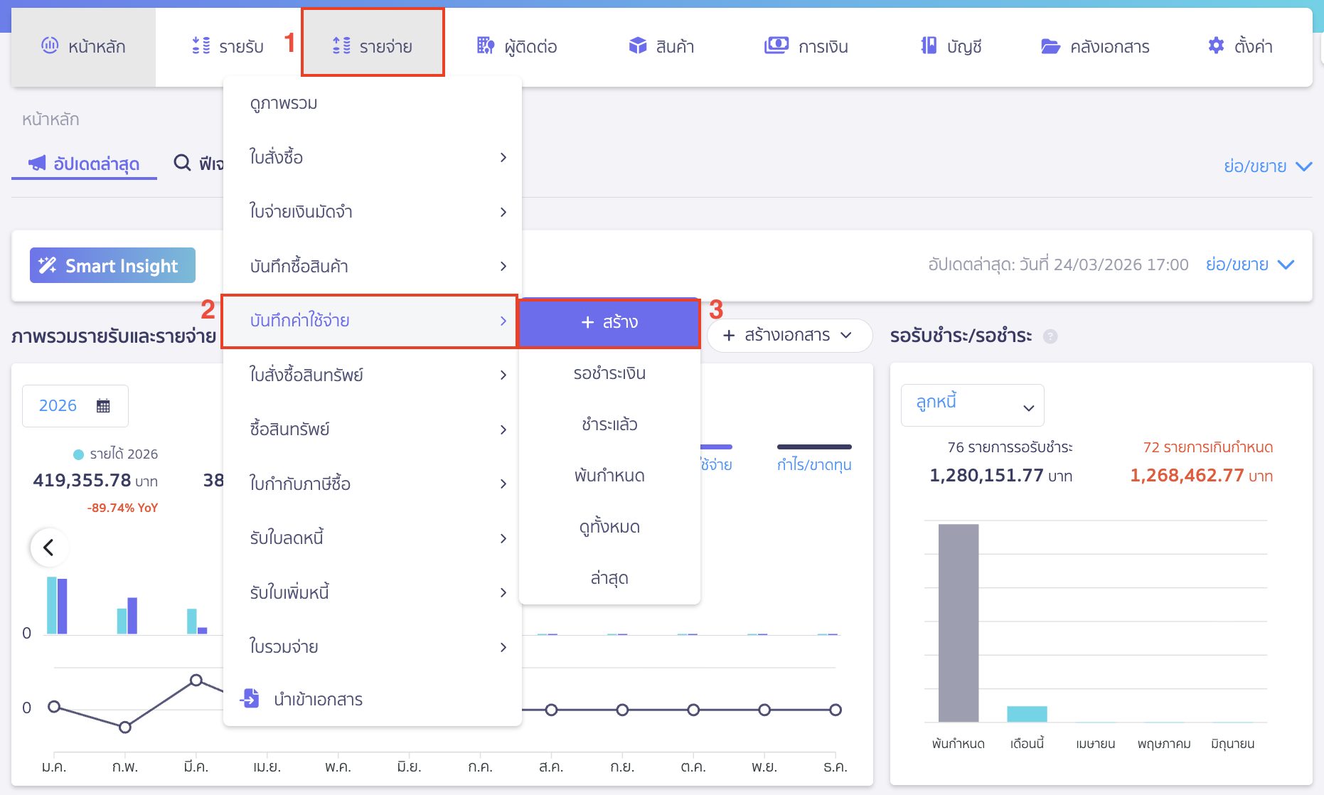 ไปที่เมนูรายจ่าย > บันทึกค่าใช้จ่าย > สร้าง
