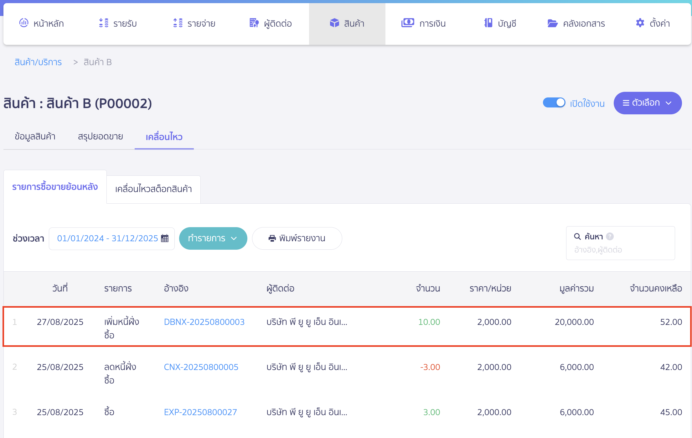 กดที่รหัสสินค้า P00002 จะพบว่ามีจำนวนสินค้าในสต๊อกเพิ่มขึ้น 10 ชิ้น