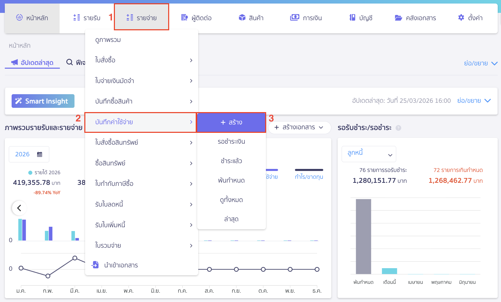 กิจการโอนคืน สำรองจ่ายด้วยเช็ค ไปที่มนูรายจ่าย > บันทึกค่าใช้จ่าย > สร้าง