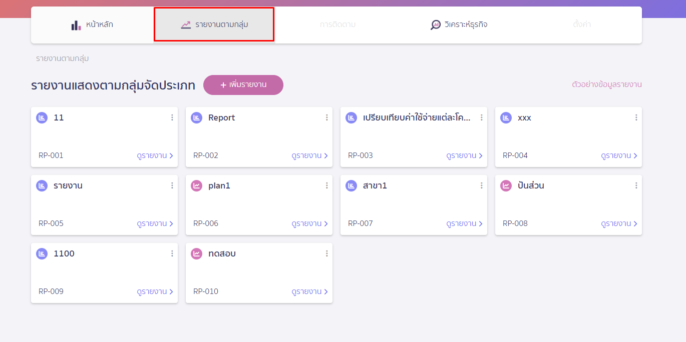 คลิกเข้าไปที่แถบ “รายงานตามกลุ่ม” เพื่อดูวิธีการ พิมพ์รายงานตามกลุ่ม ใน PEAK Board