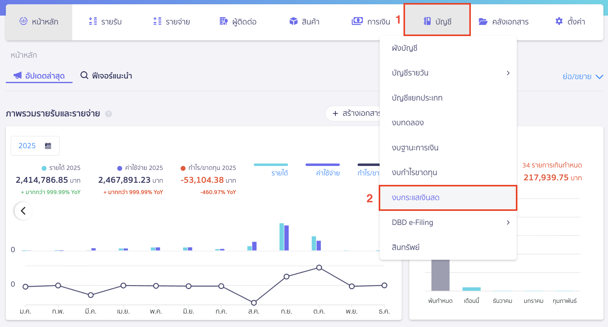 printing-cash-flow-statement-report-1 พิมพ์รายงานงบกระแสเงินสด ไปที่เมนูบัญชี > งบกระแสเงินสด