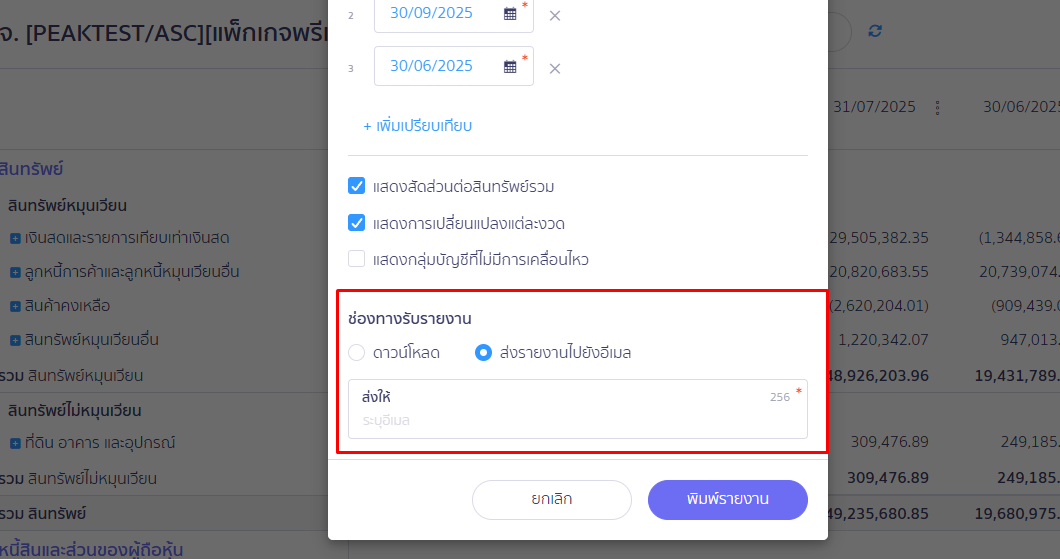 กดปุ่ม พิมพ์รายงาน ไฟล์ Excel จะถูกส่งไปยังอีเมลที่ระบุไว้ ใน PEAK