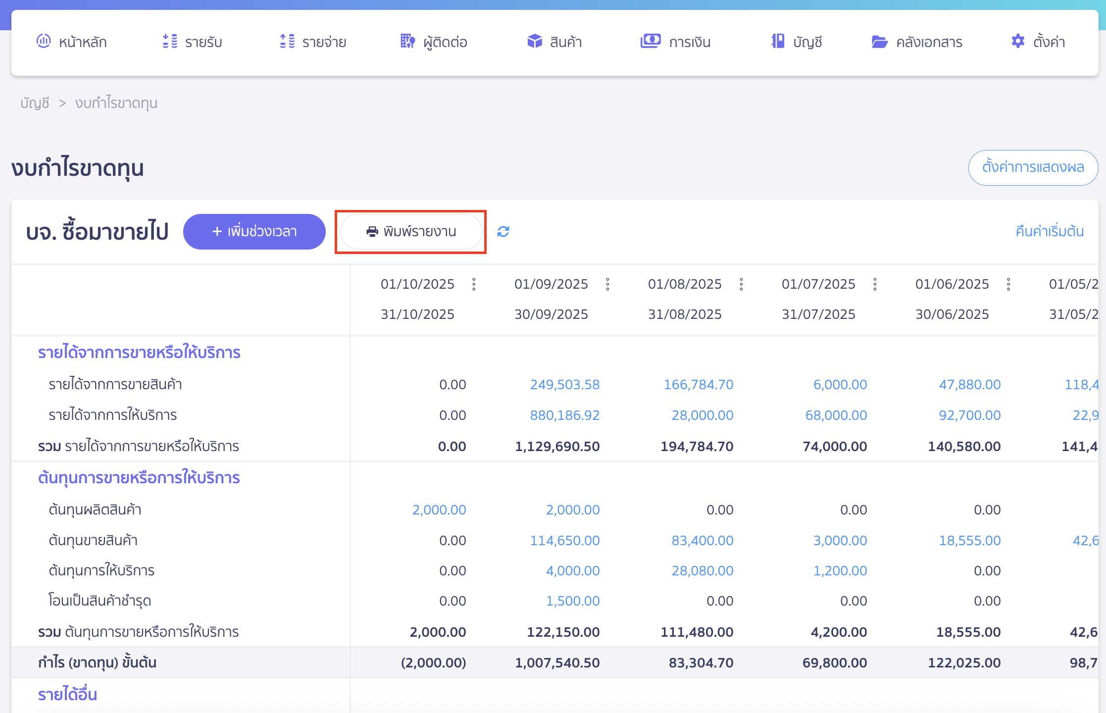 พิมพ์รายงานงบกำไรขาดทุน คลิกปุ่ม "พิมพ์รายงาน" ใน PEAK