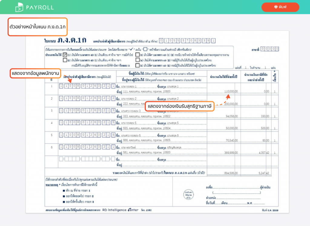 พิมพ์แบบและใบแนบ ภ.ง.ด.1 ก ตัวอย่าง หน้าในแนบ ภ.ง.ด.1ก ใน PEAK Payroll