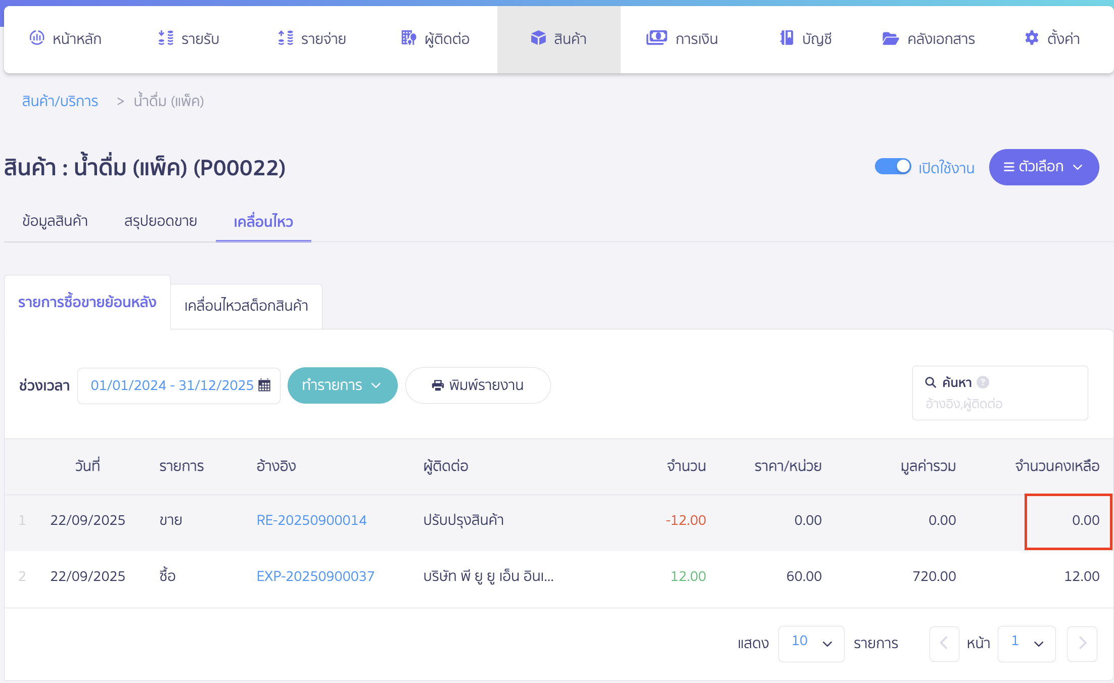 purchase-large-unit-sell-small-unit-10 เมื่อเข้าดูที่สต๊อกสินค้าจะมียอดเป็น 0 หรือสามารถปรับปรุงจำนวนตามที่ตนเองต้องการได้ ใน PEAK