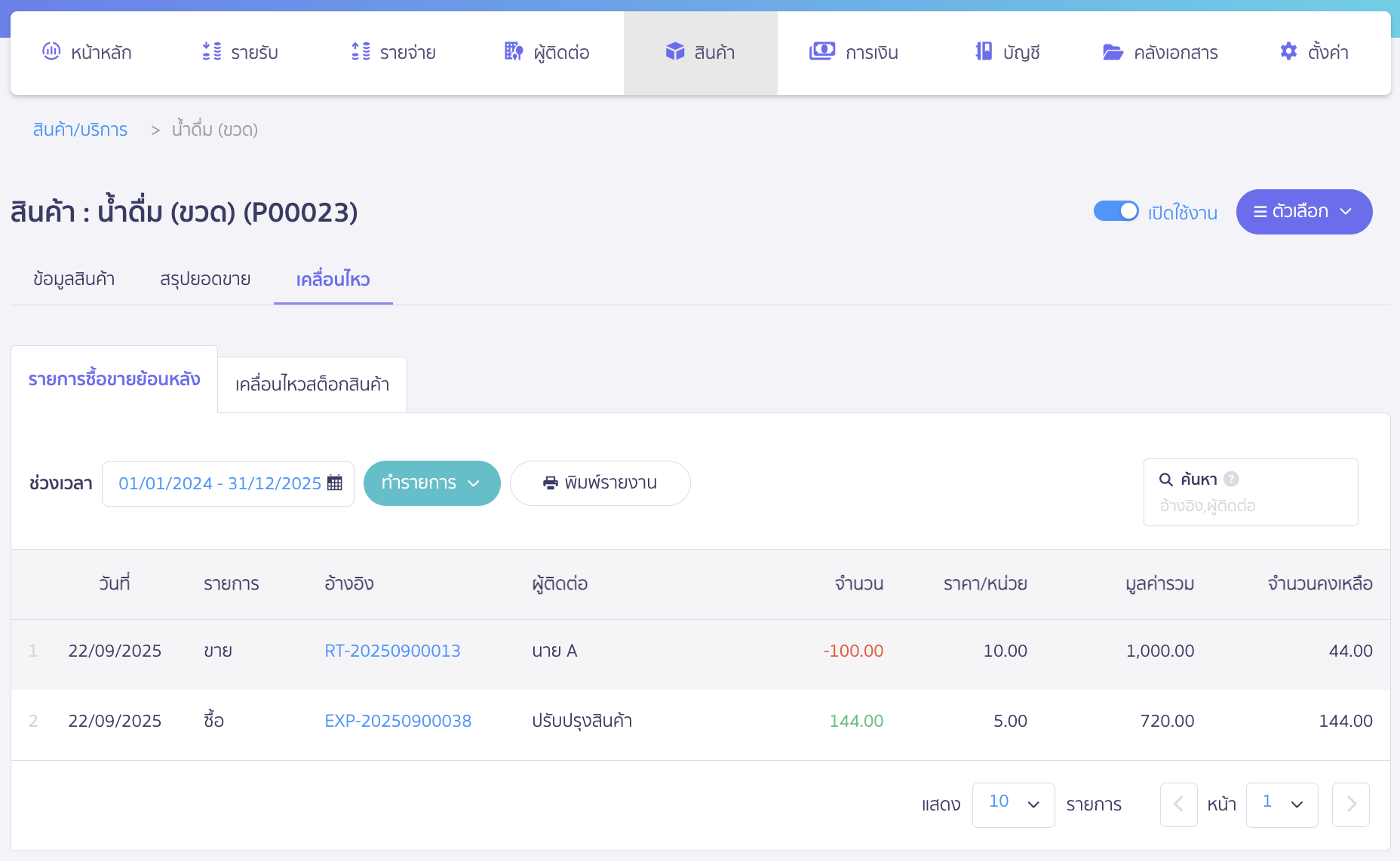 purchase-large-unit-sell-small-unit-17 บันทึกสินค้าหน่วยใหญ่ ขายเป็นหน่วยย่อย ตัวอย่าง หน้าสินค้าที่เป็นหน่วยย่อย น้ำดื่ม (ขวด) ใน PEAK