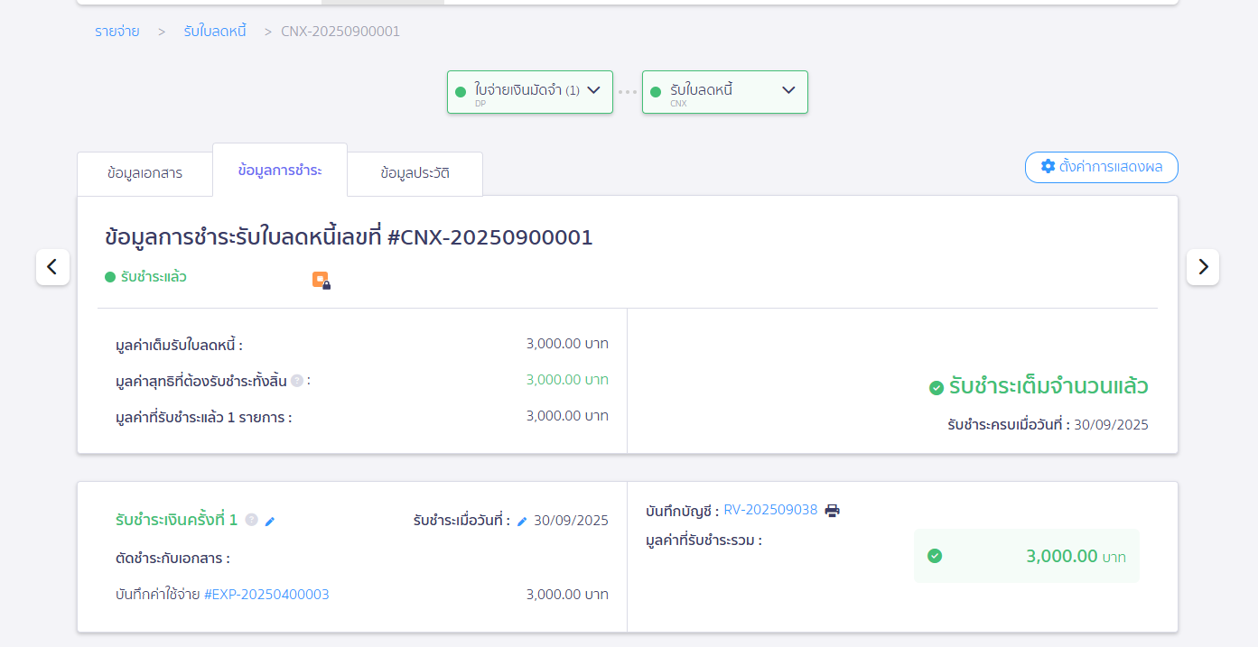 ข้อมูลของใบลดหนี้ที่อ้างอิงแสดงขึ้นมา ใน PEAK