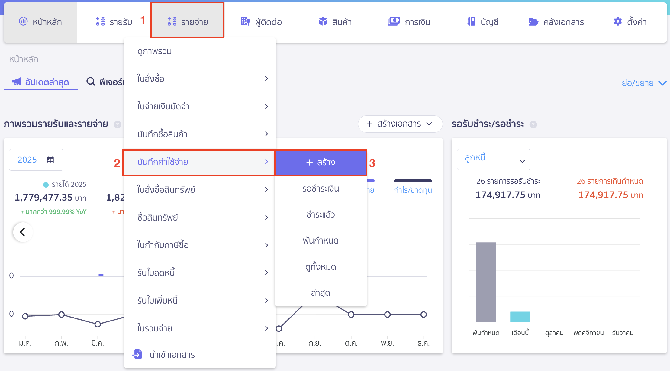 บันทึกรายการ กรณีเช็คเด้ง ไปที่เมนูรายจ่าย > บันทึกค่าใช้จ่าย > สร้าง