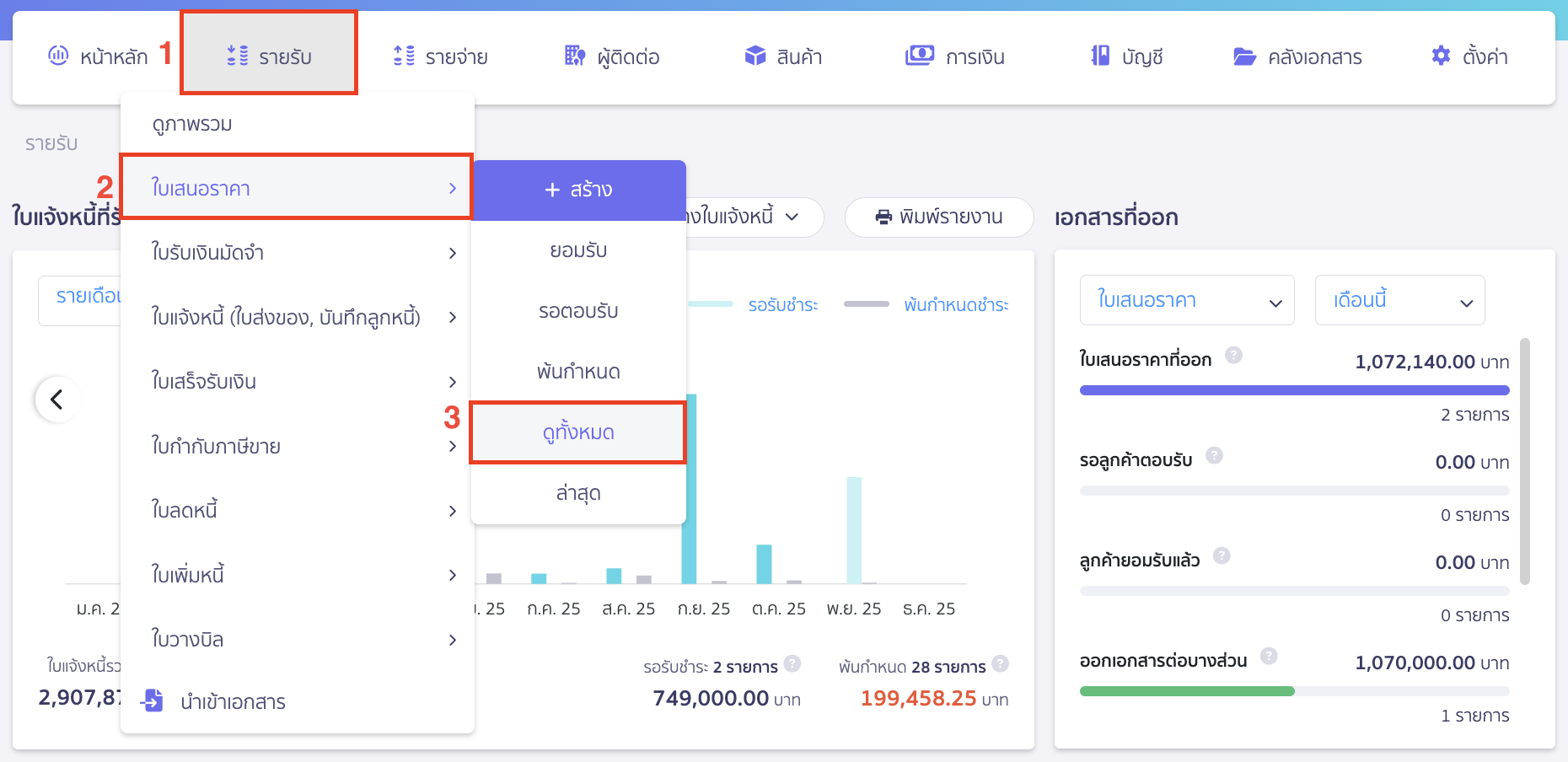 recording-construction-contract-revenue-for-construction-business-19 ไปที่เมนูรายรับ > ใบเสนอราคา > ดูทั้งหมด