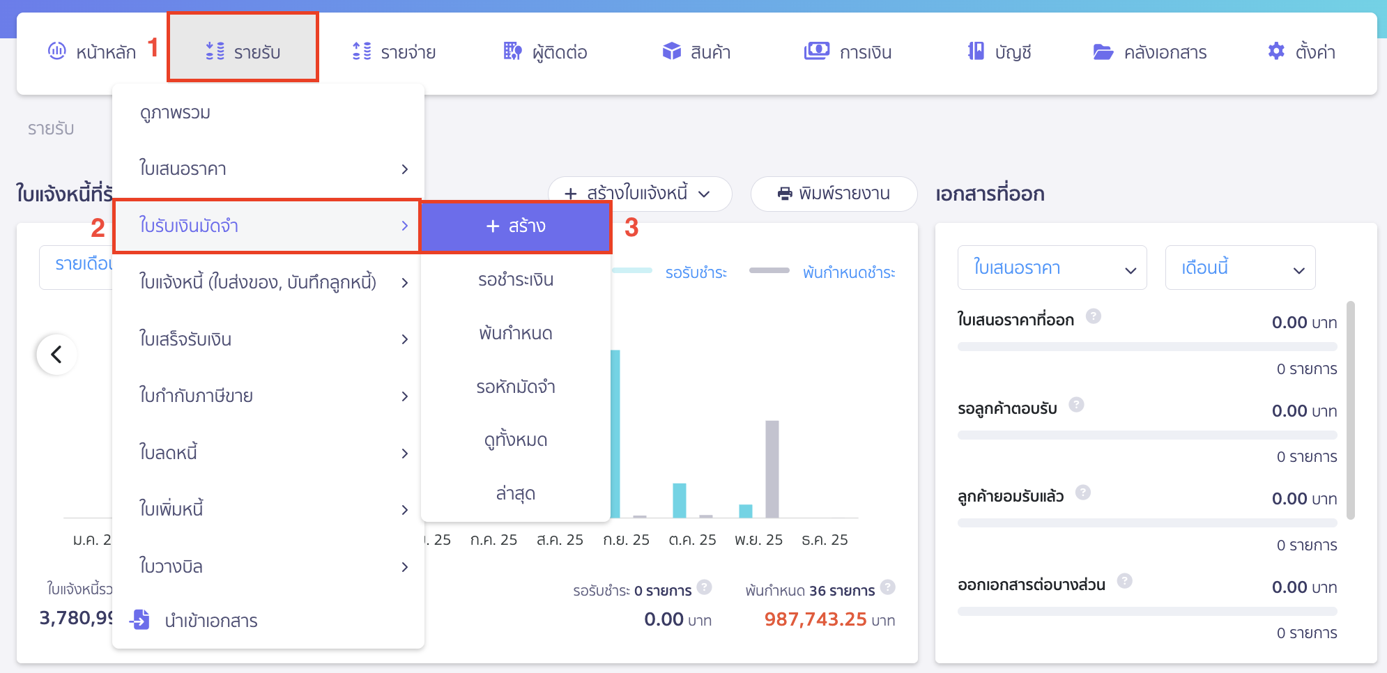 บันทึกรายรับ กิจการเข้าร่วมโครงการเราเที่ยวด้วยกัน เข้าไปที่เมนูรายรับ > ใบรับเงินมัดจำ > สร้าง