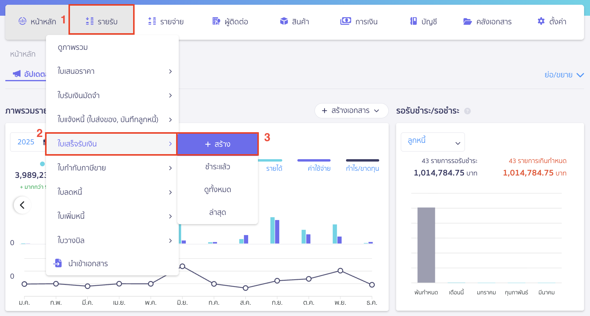 บันทึกรับเงิน ไปที่เมนูรายรับ > ใบเสร็จรับเงิน > สร้าง