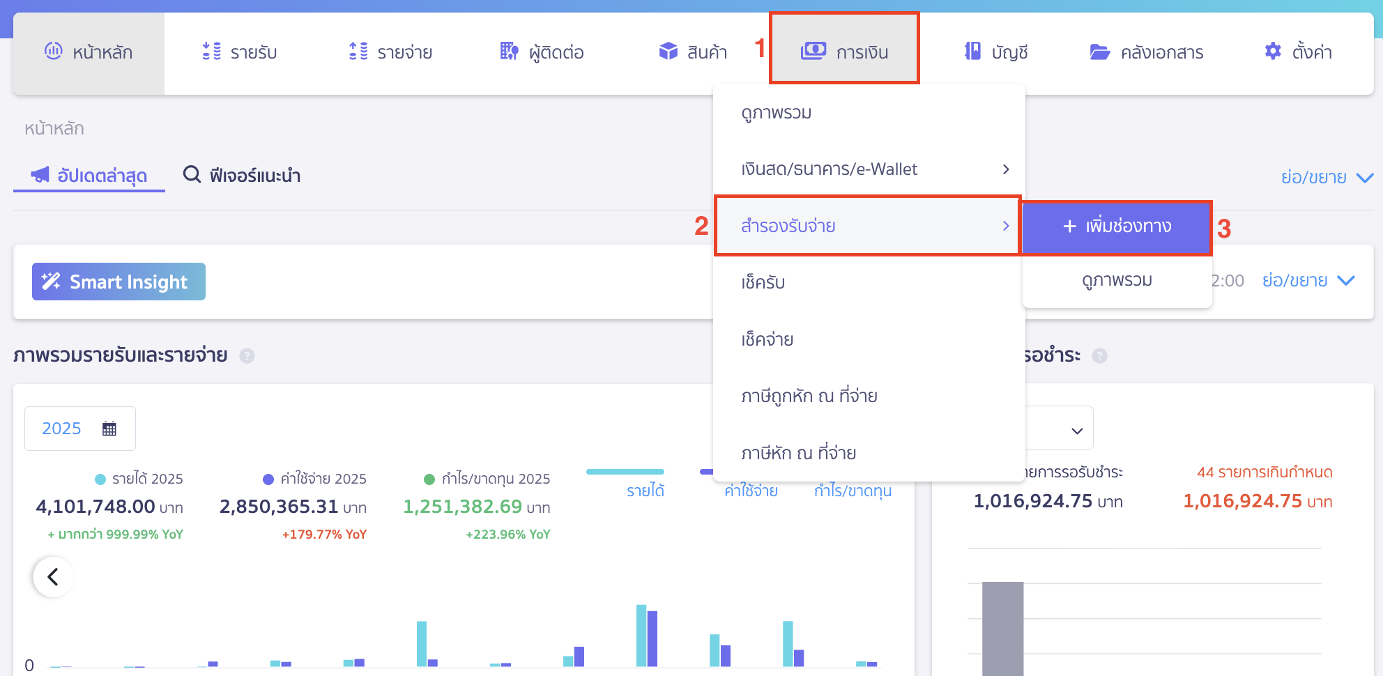 สำรองรับ/จ่าย เข้าไปที่เมนูการเงิน > เลือกสำรองรับ/จ่าย > เพิ่มช่องทาง