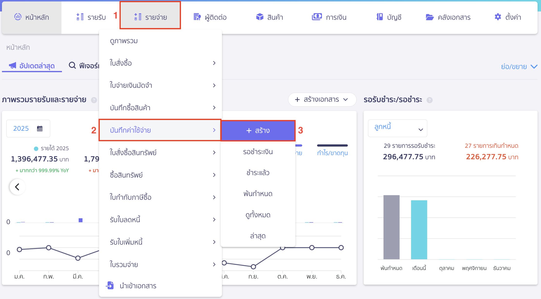 reserve-receive-pay-3 สำรองรับ/จ่าย กรณีจ่ายชำระโดยสำรองจ่าย ไปที่เมนูรายจ่าย > บันทึกค่าใช้จ่าย > สร้าง
