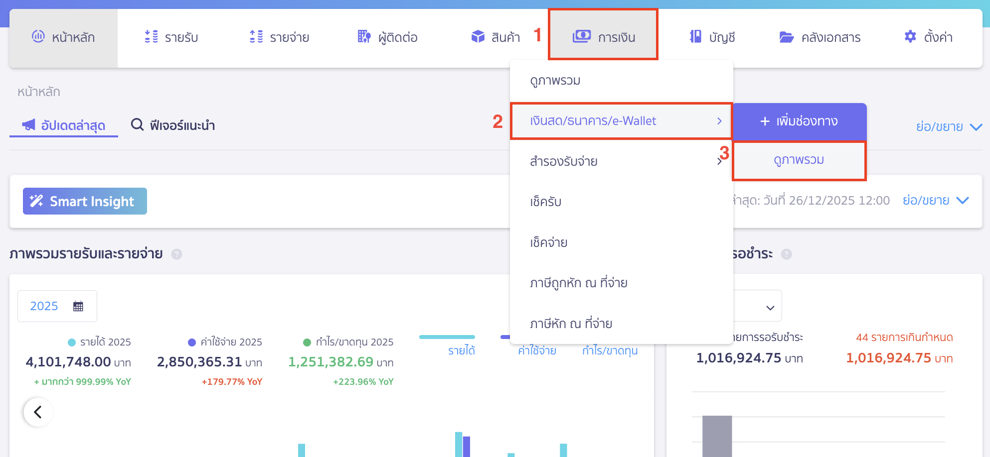 ไปที่เมนูการเงิน > เงินสด/ธนาคาร/e-Wallet > ดูภาพรวม