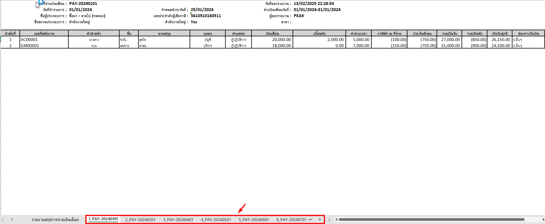 ตัวอย่าง รายงานข้อมูลที่แสดงสรุปการจ่ายเงินเดือนในรูปแบบรายเดือน ใน Excel