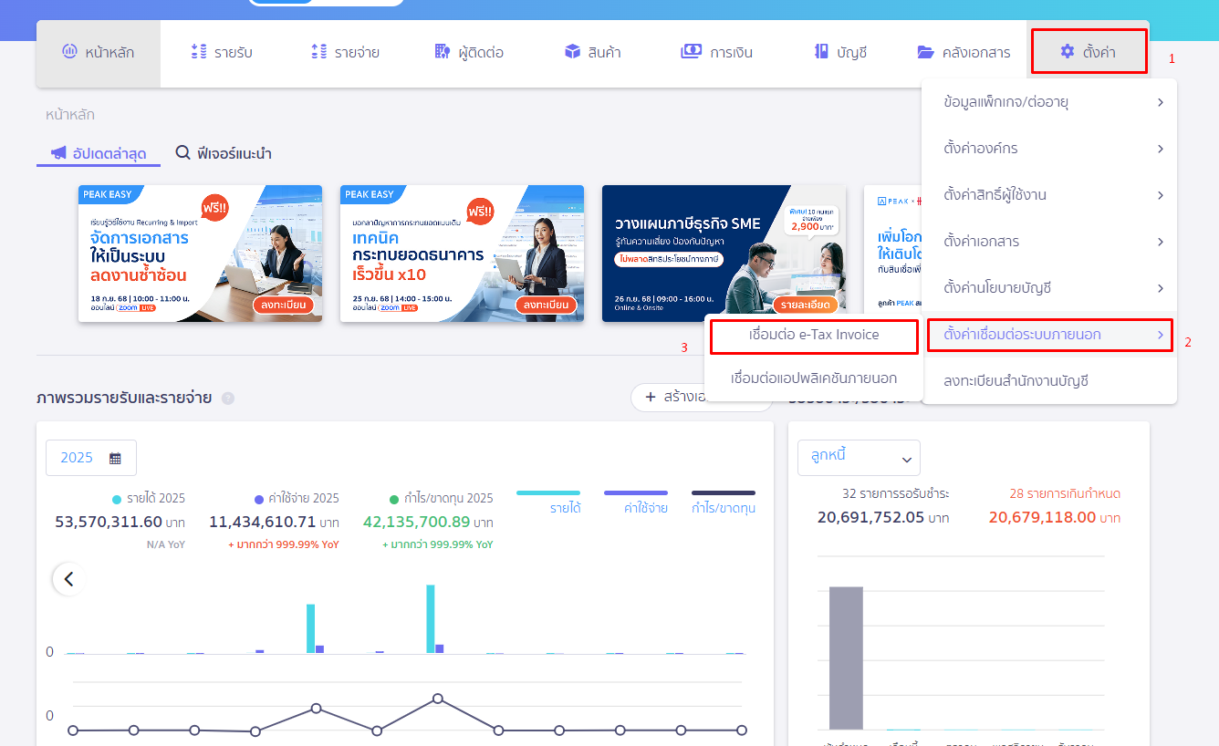 ตั้งค่ารูปแบบฟอร์มเอกสาร สำหรับ e-Tax Invoice โดยไปที่เมนูตั้งค่า ตั้งค่าเชื่อมต่อระบบภายนอก กดเชื่อมต่อ e-Tax Invoice ใน PEAK
