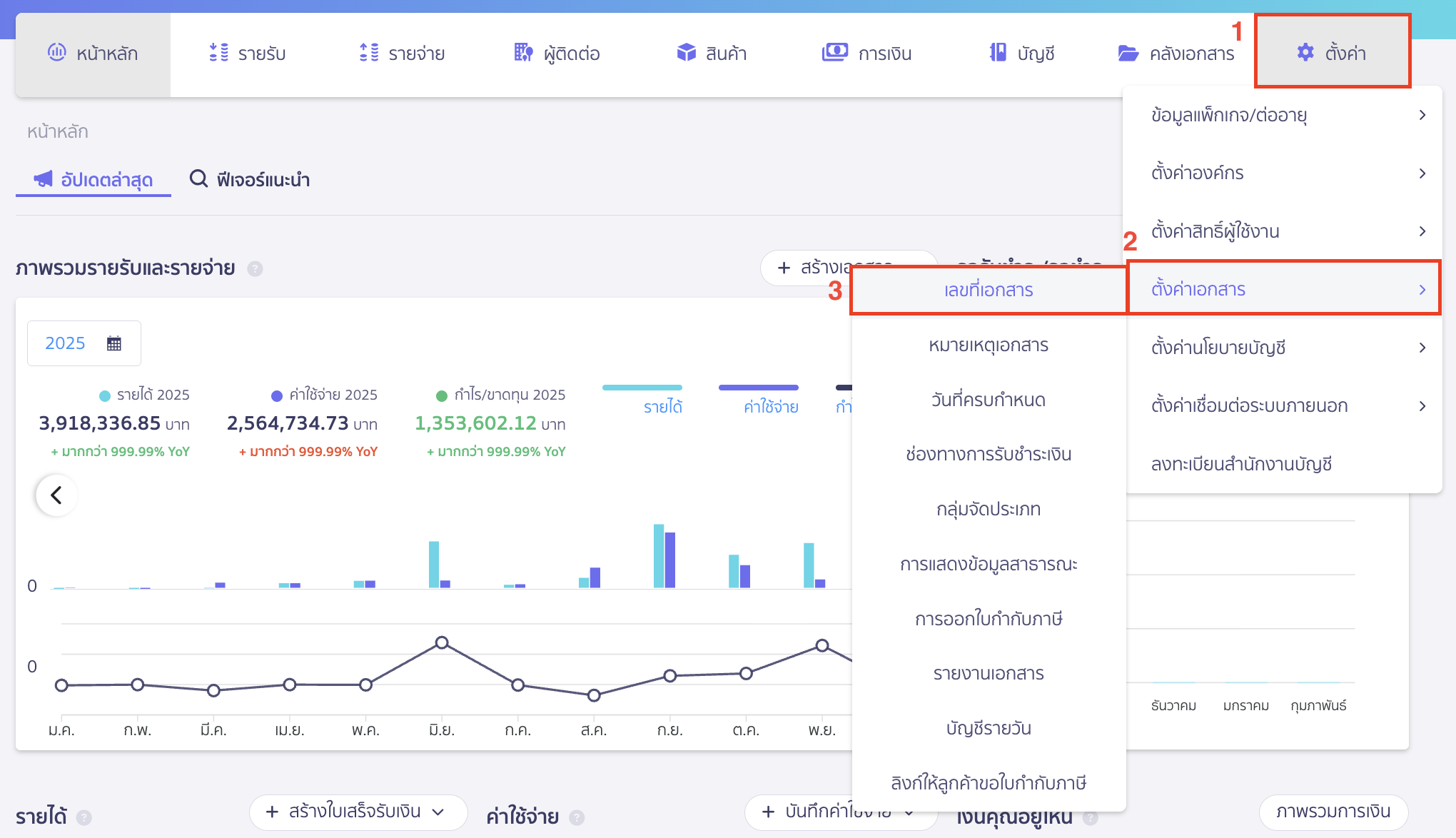 setting-document-number-1 ปรับแต่งและตั้งค่า เลขที่เอกสาร ไปที่เมนูตั้งค่า > ตั้งค่าเอกสาร > เลขที่เอกสาร