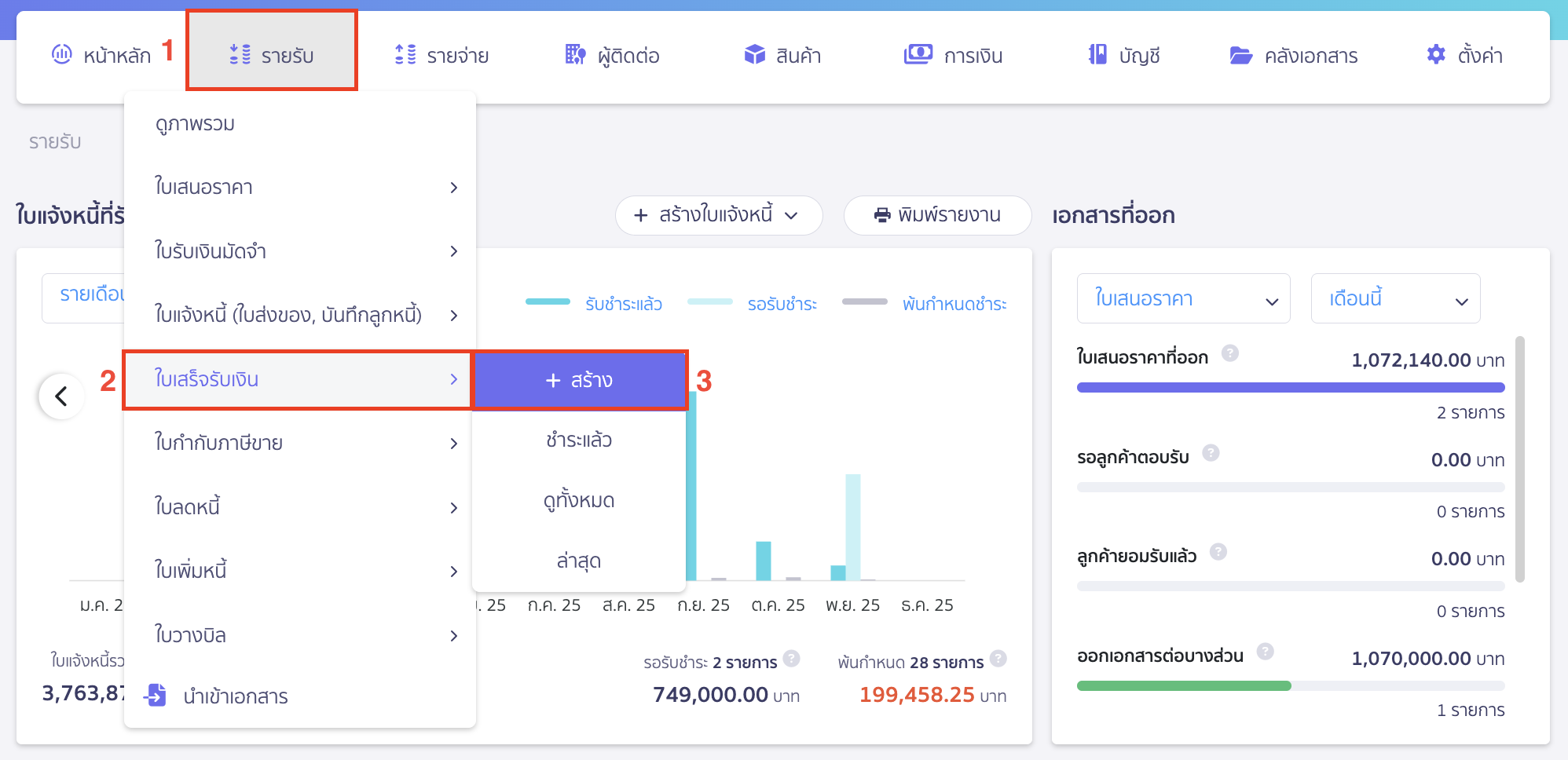 setting-remark-on-document-1 กำหนดหมายเหตุให้แสดงบนเอกสาร ไปที่เมนูรายรับ > ใบเสร็จรับเงิน > คลิก “สร้าง”