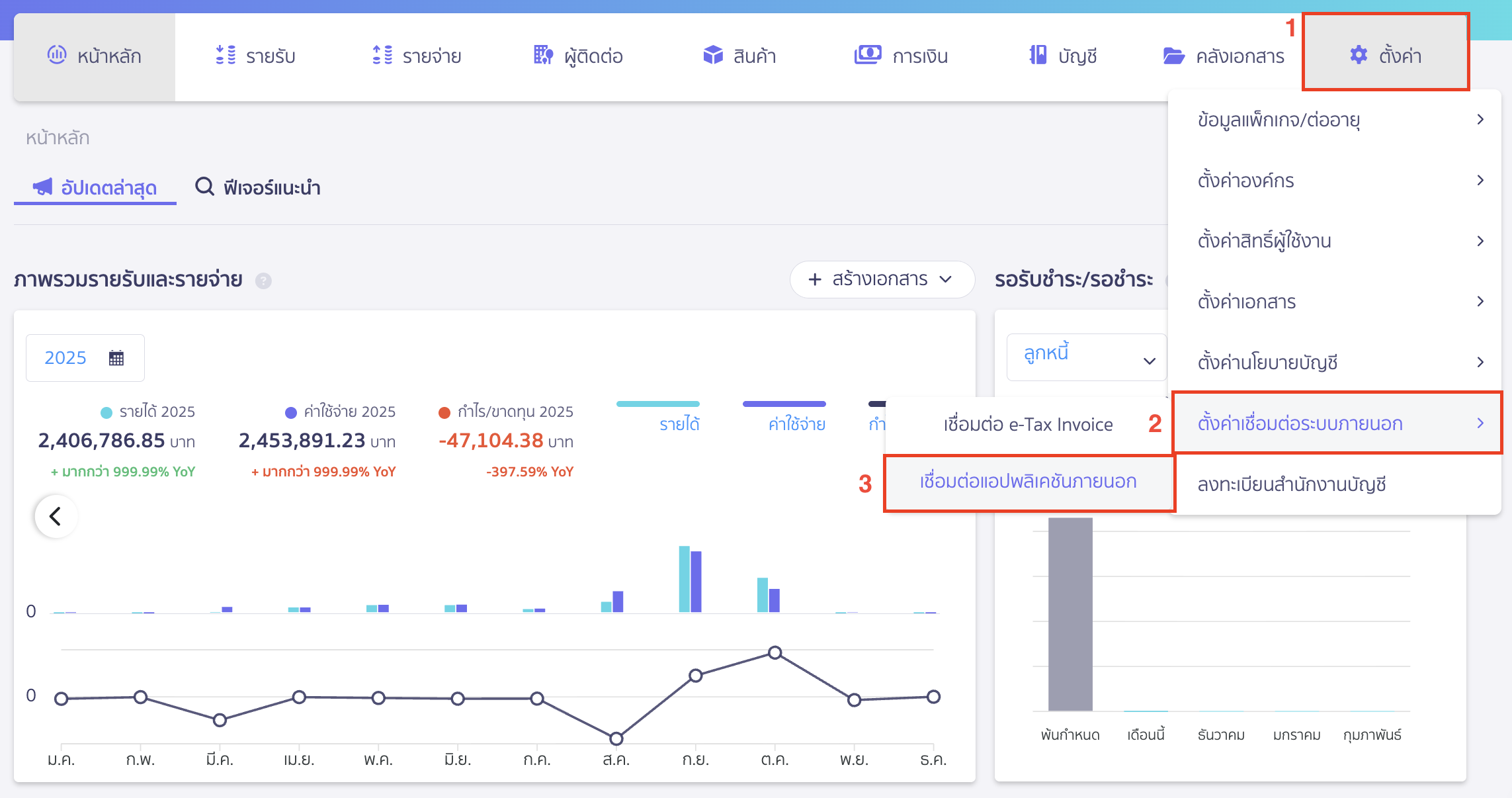 ระบบไม่ตัดสต๊อกสินค้า กรณีดึงข้อมูลจาก Shopee/Lazada ไปที่เมนูตั้งค่า > ตั้งค่าเชื่อมต่อระบบภายนอก > เชื่อมต่อแอปพลิเคชันภายนอก
