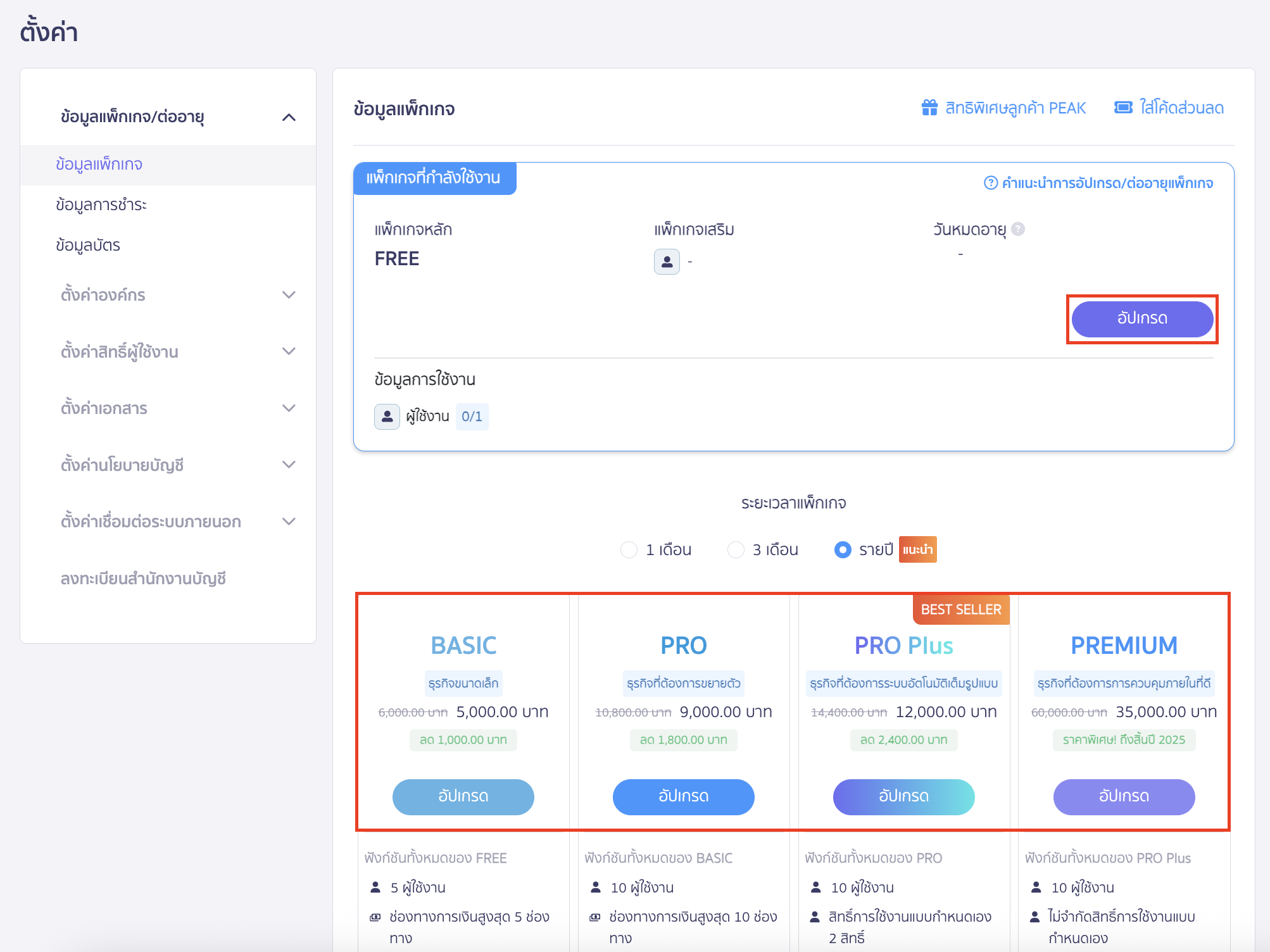 upgrading-renewing-package-with-discount-code-continuous-renewal-4 อัปเกรด ต่ออายุแพ็กเกจแบบต่อเนื่อง คลิกปุ่ม "อัปเกรด" ในแพ็กเกจที่ต้องการ