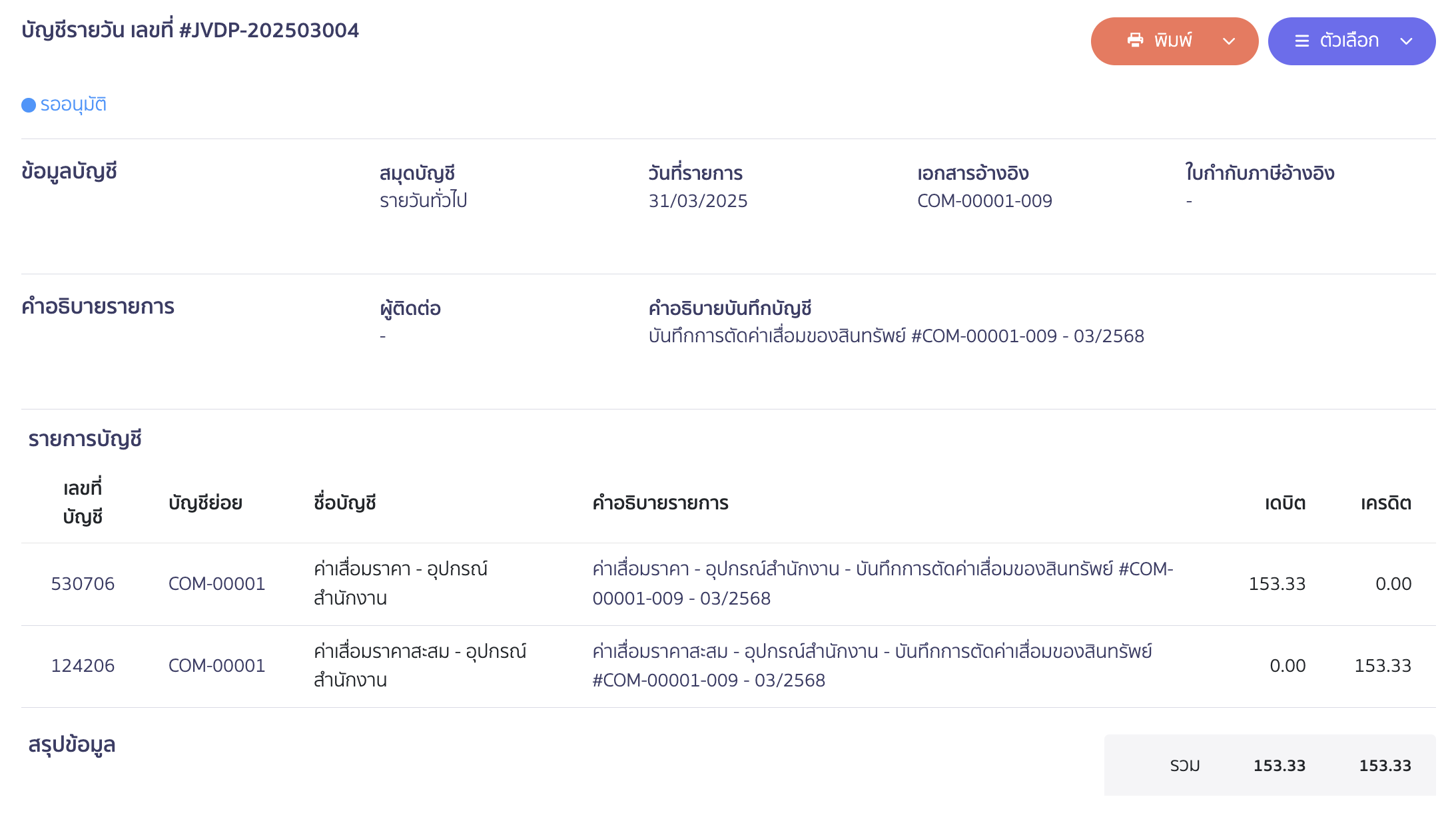 ตัวอย่างการบันทึกค่าเสื่อมที่สมุดรายวัน
