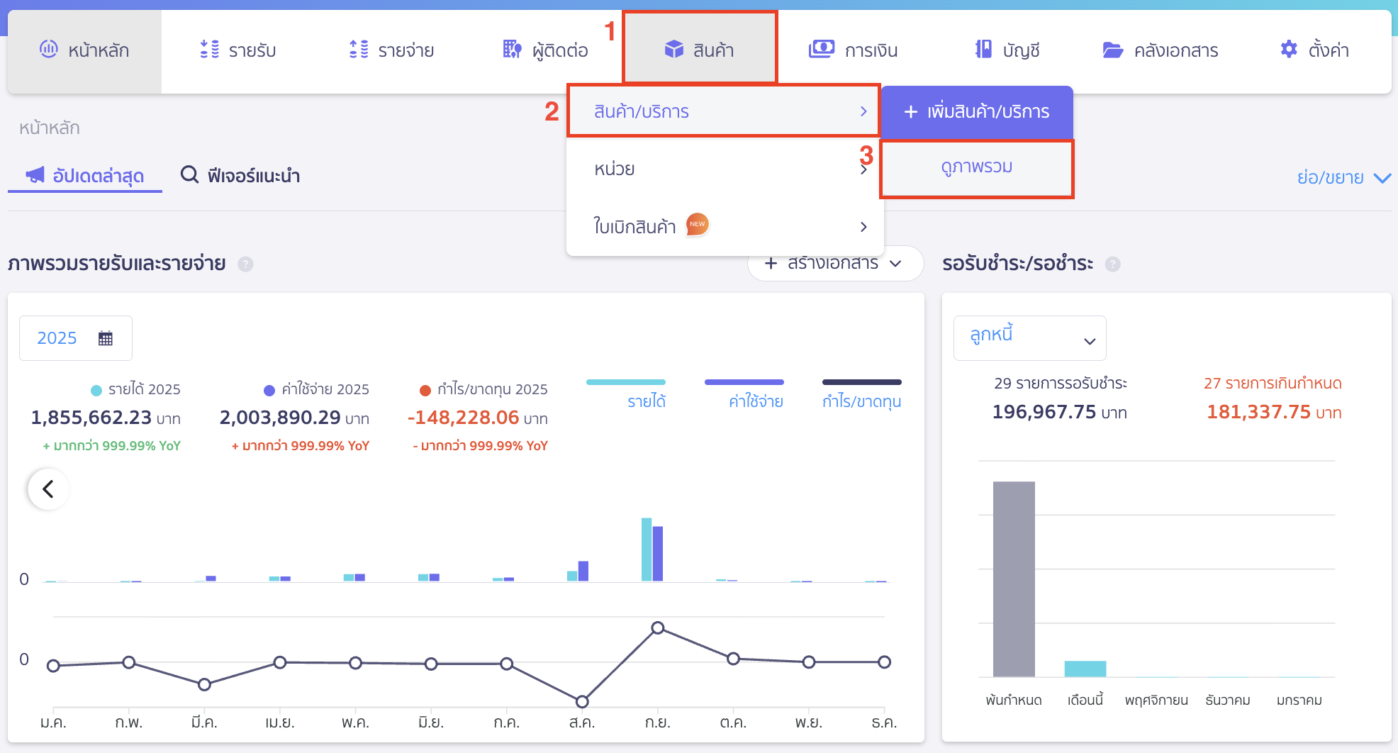 ดูรายการเคลื่อนไหวของล็อตสินค้า ไปที่เมนูสินค้า > สินค้า/บริการ > ดูภาพรวม