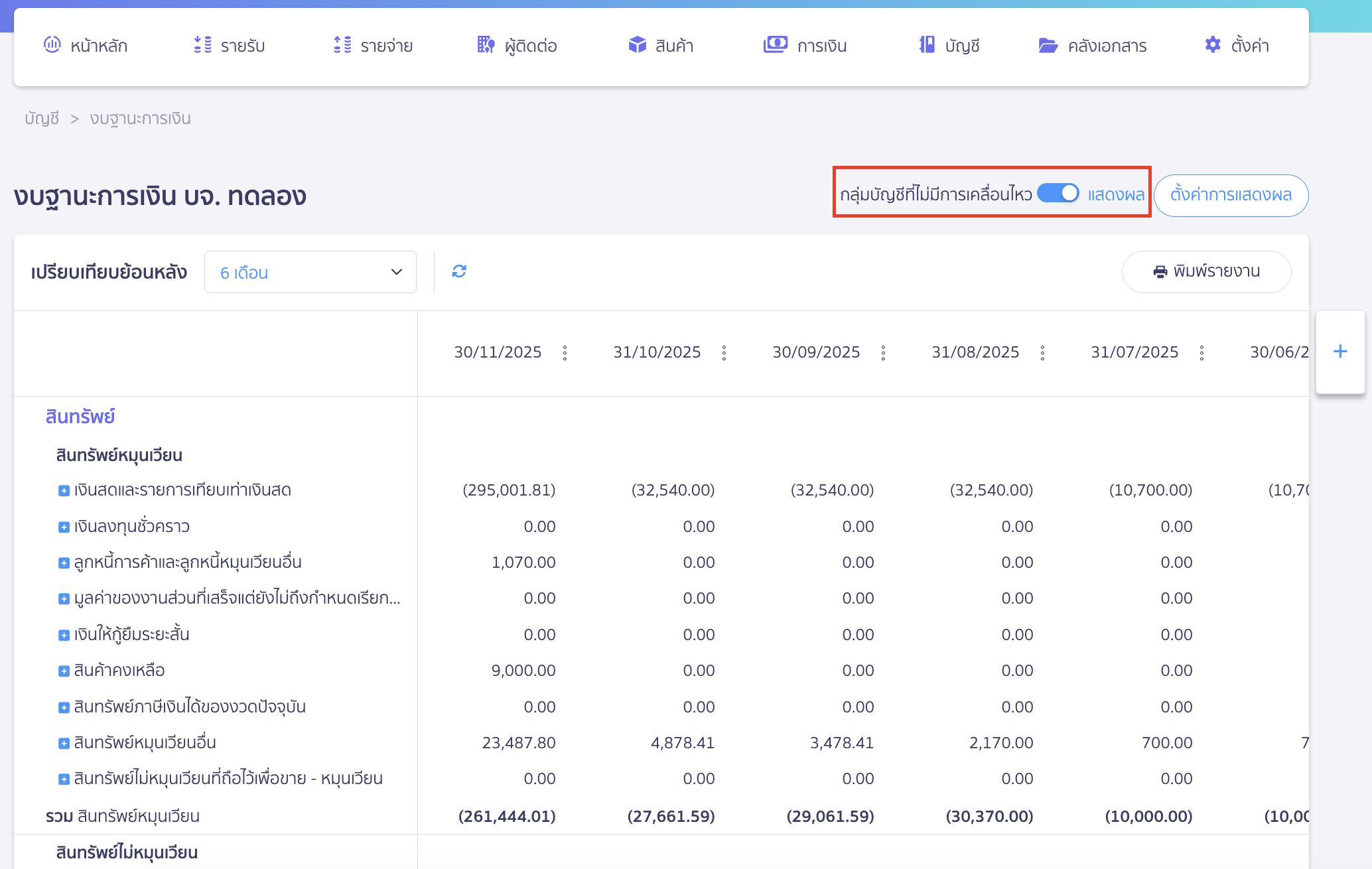 วิธีดูงบแสดงฐานะทางการเงิน แบบเปรียบเทียบ สามารถเลือกเปิด/ปิด การแสดงผล กลุ่มบัญชีที่ไม่มีการเคลื่อนไหวได้