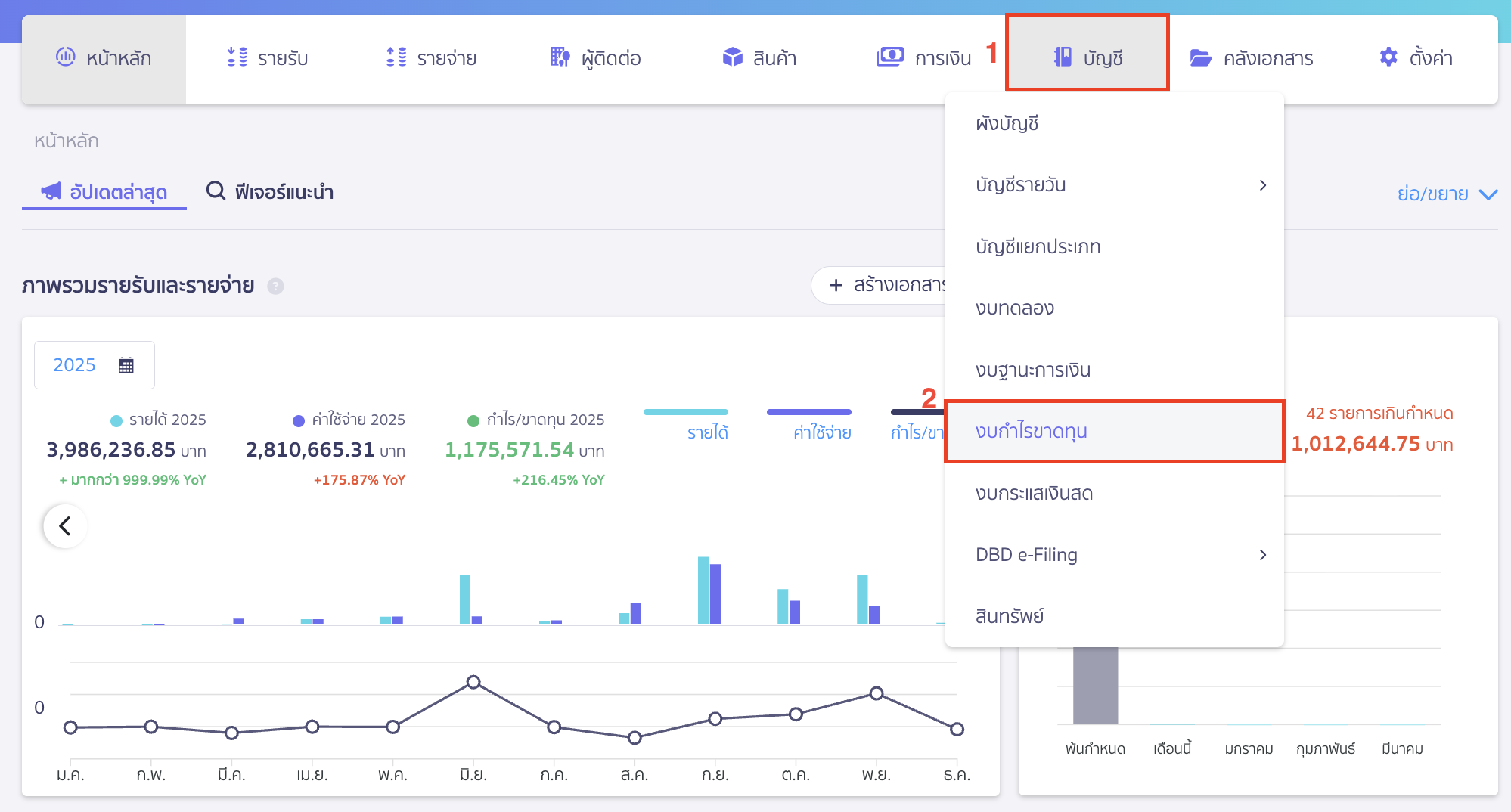 วิธีดูงบกำไรขาดทุน แบบเปรียบเทียบ ไปที่เมนูบัญชี > งบกำไรขาดทุน