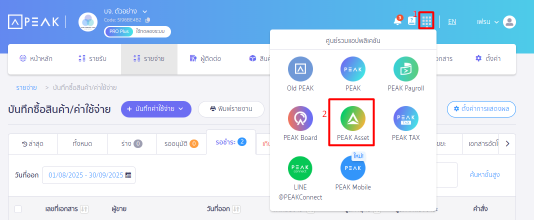 บันทึกสินทรัพย์ยกมา ใน PEAK เริ่มต้น